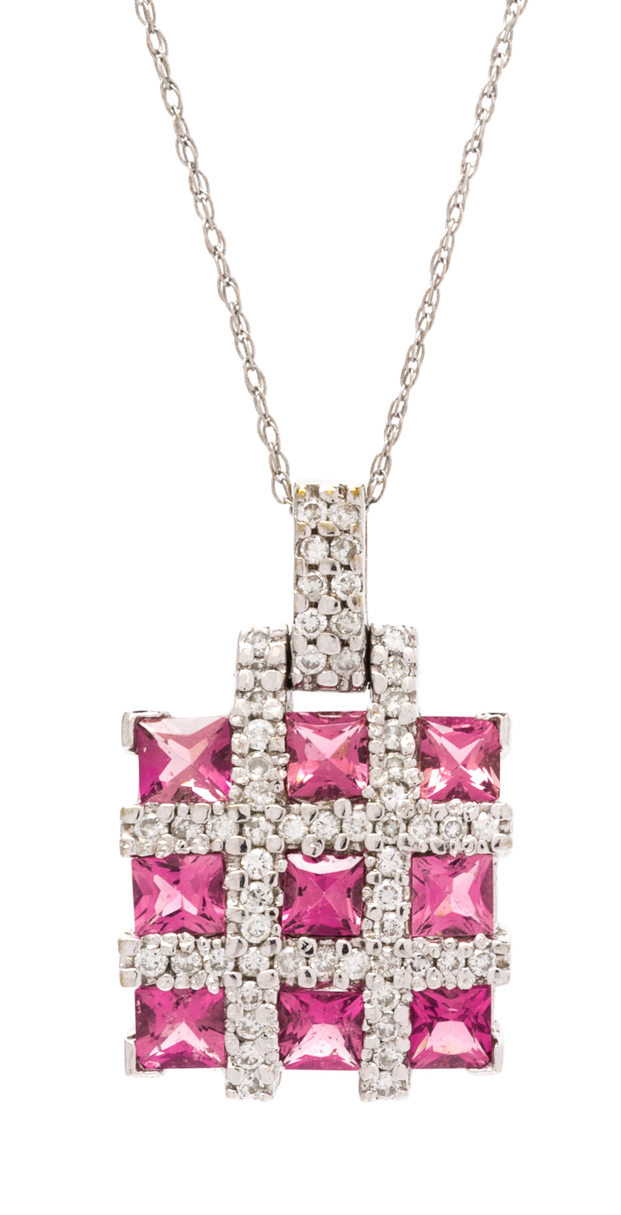 A 14 Karat White Gold, Pink Tourmaline and Diamond Pendant, 3.00 dwts.