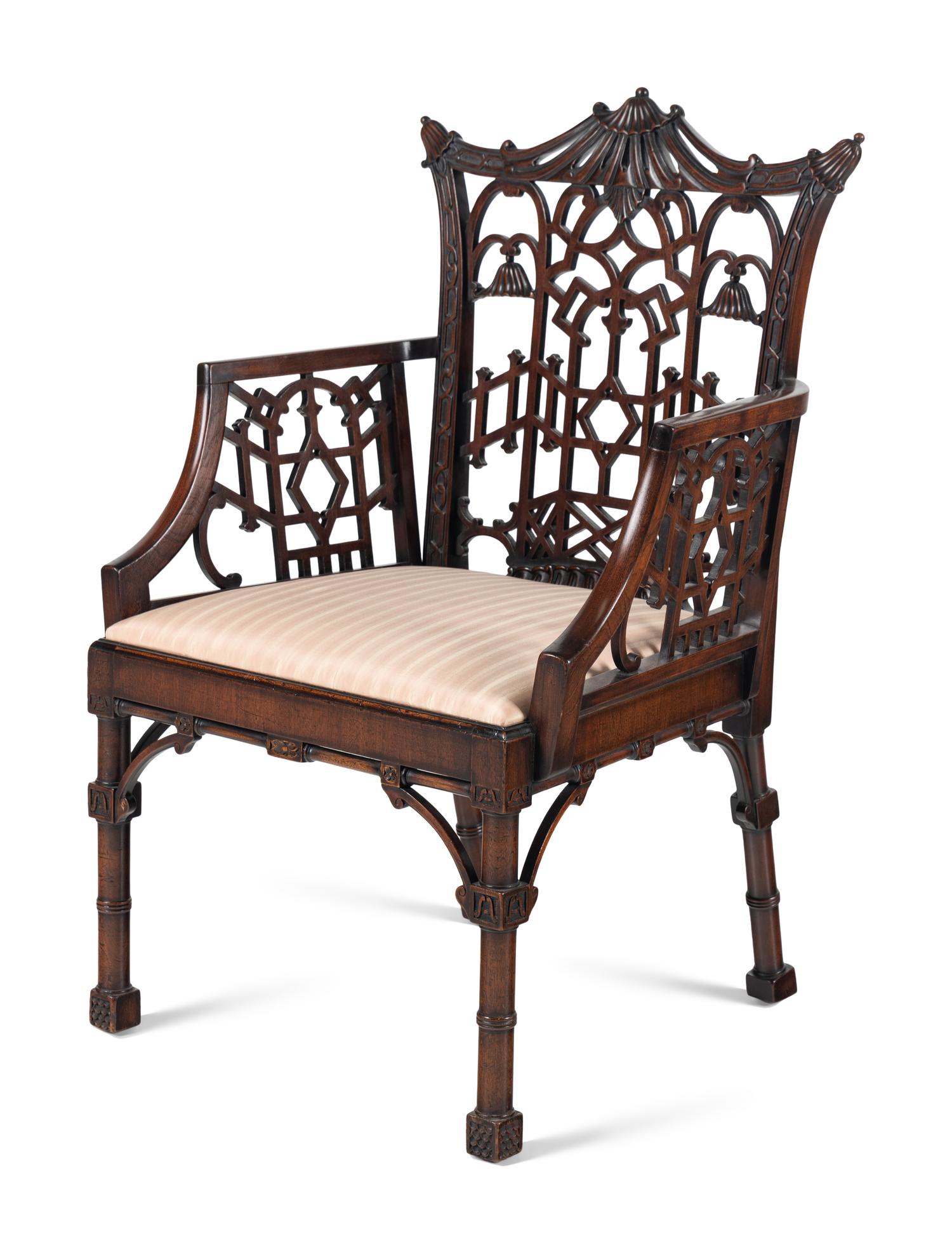 A Pair of George III Style Pierce-Carved Mahogany Armchairs