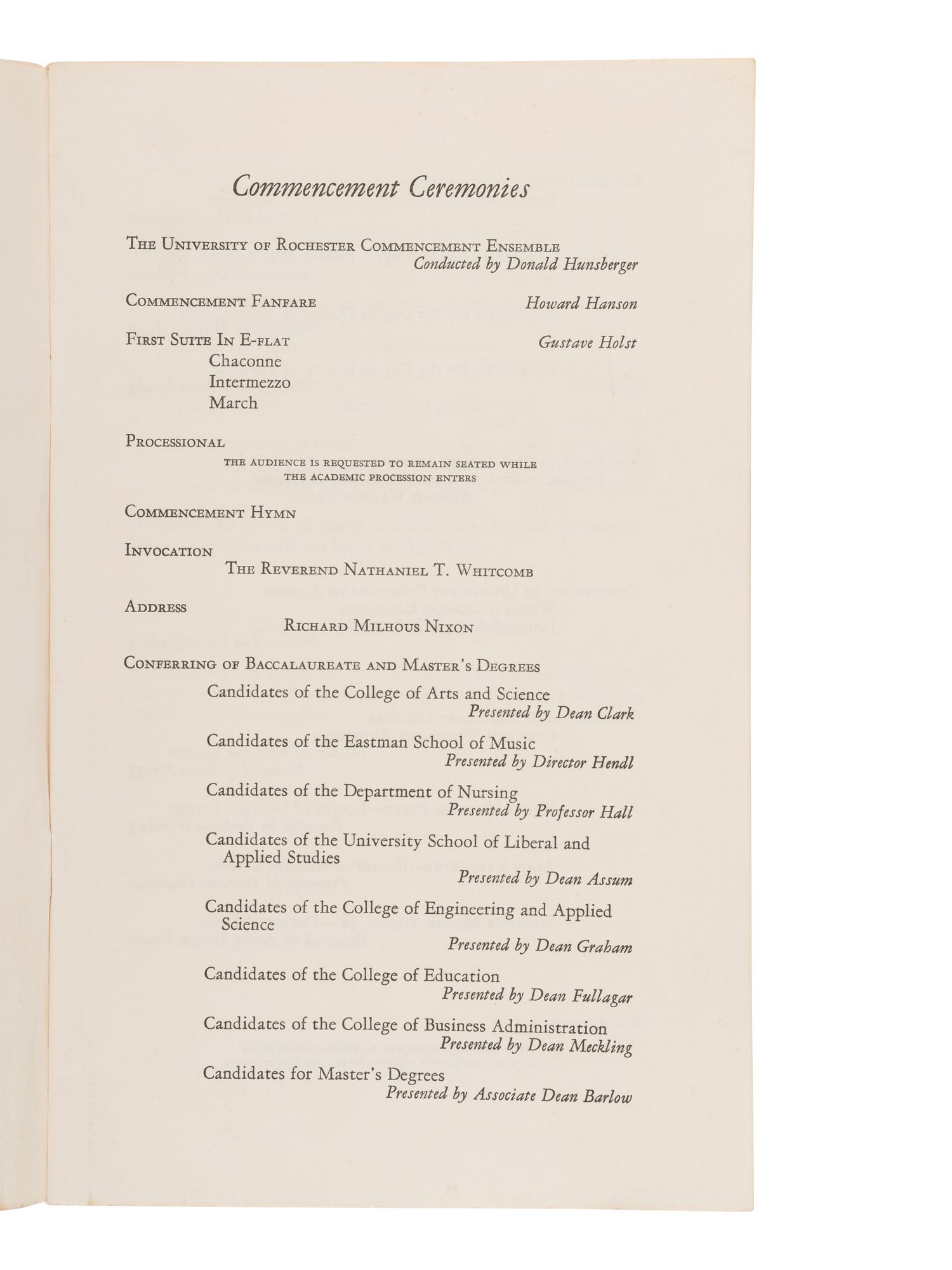 NIXON, Richard M. (1913-1994). Commencement program signed ("Richard Nixon"), [5 June 1966?].