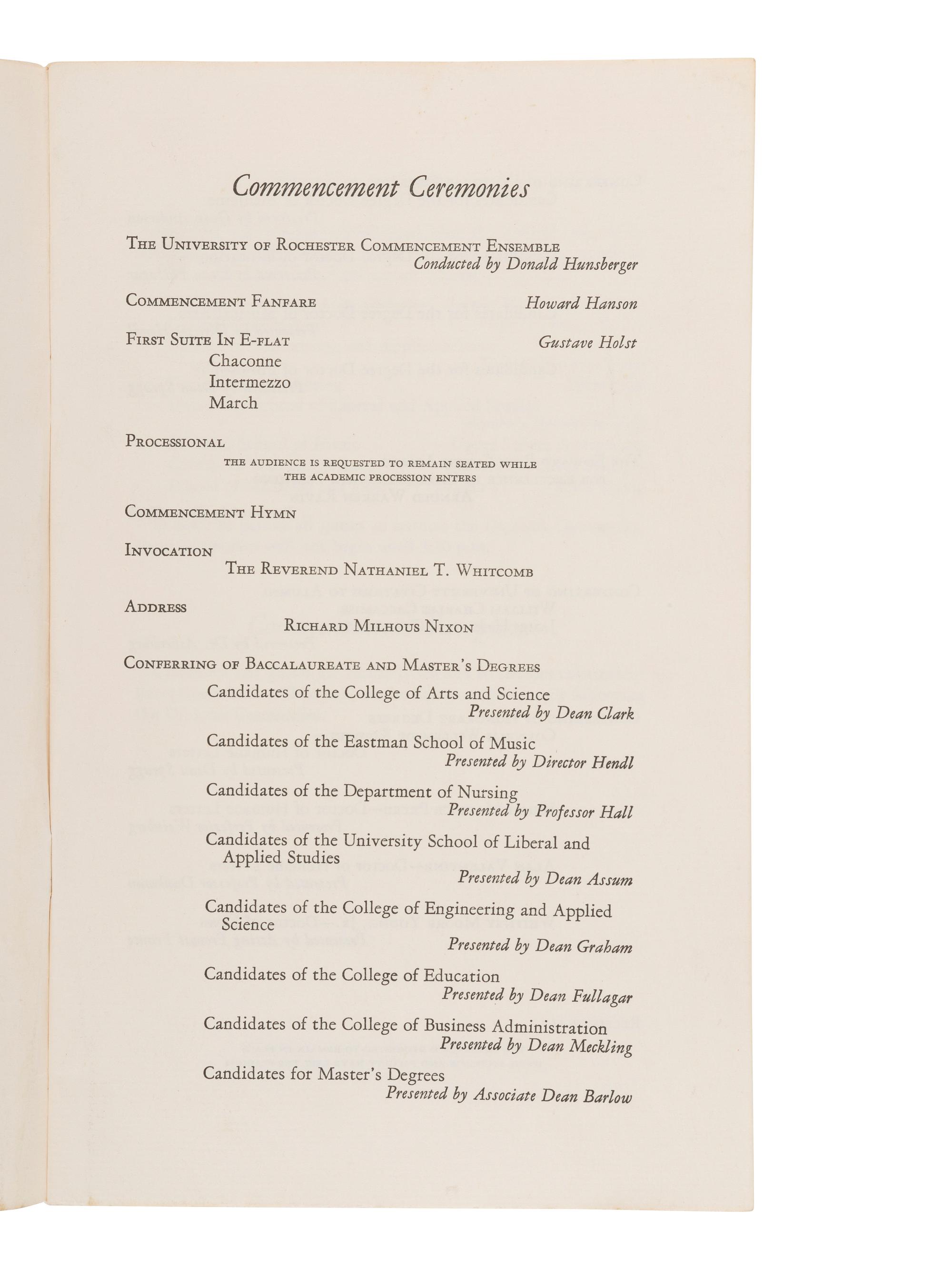 NIXON, Richard M. (1913-1994). Commencement program signed ("Richard Nixon"), [5 June 1966?].