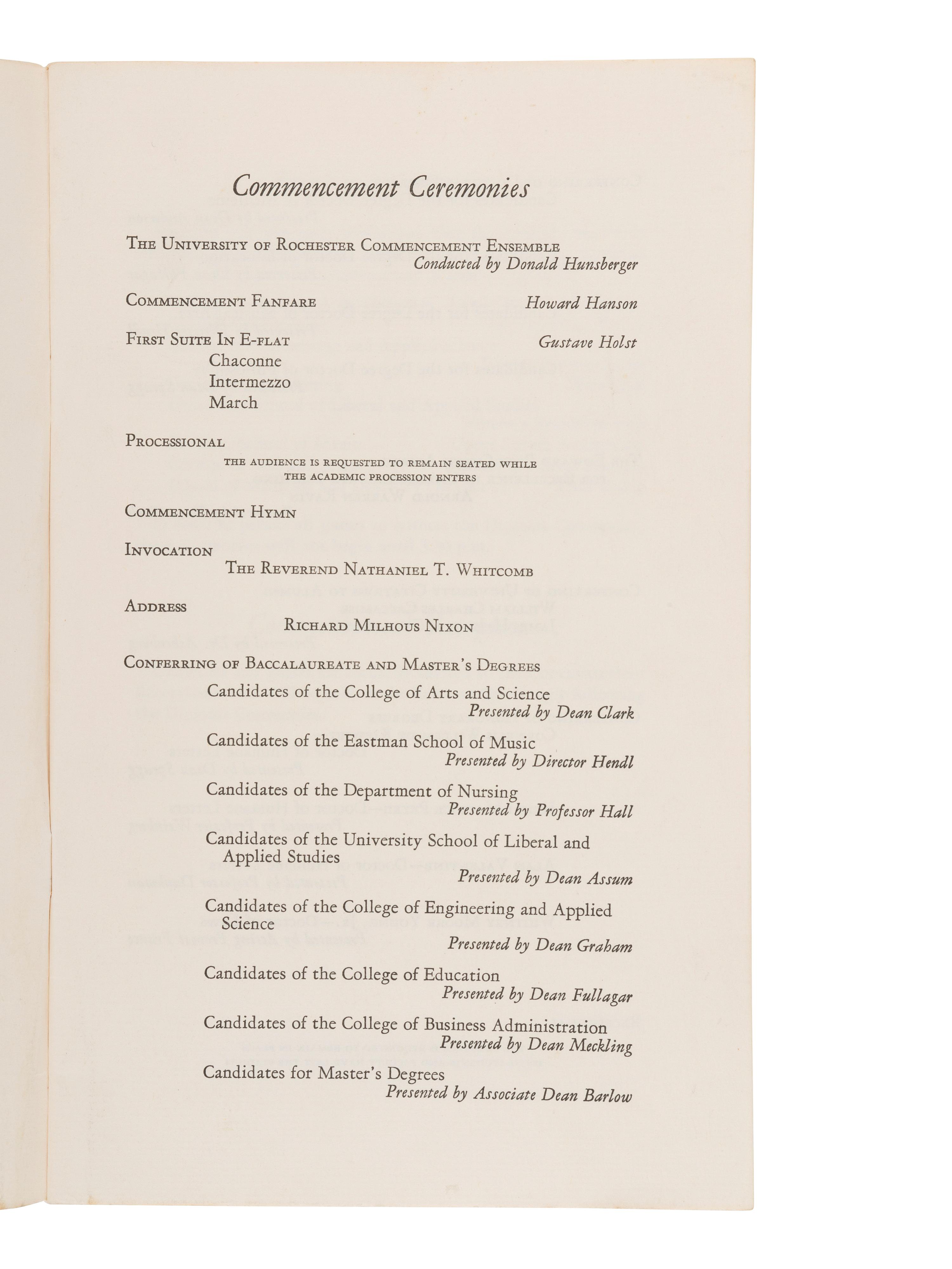 NIXON, Richard M. (1913-1994). Commencement program signed ("Richard Nixon"), [5 June 1966?].
