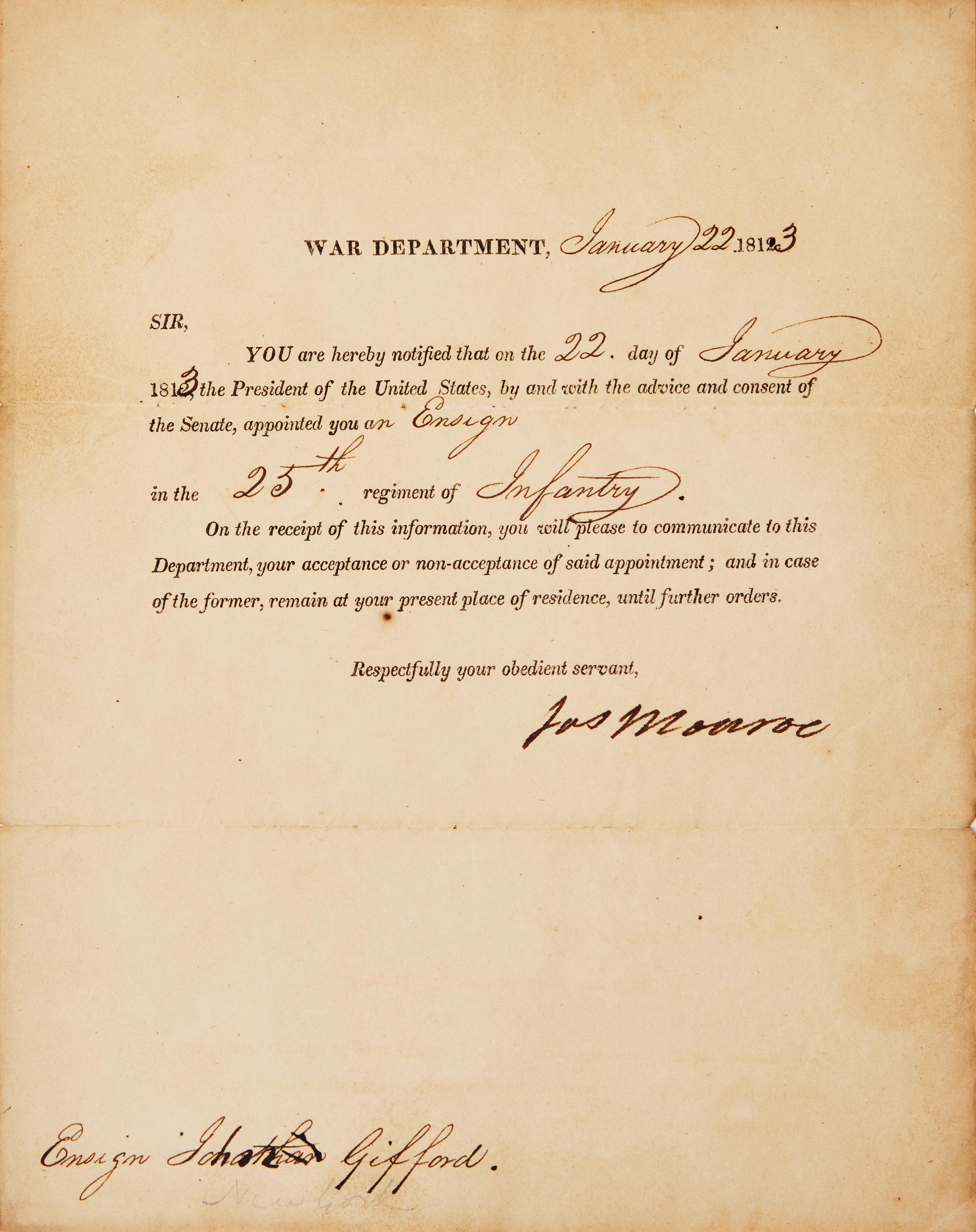 [Presidential] Monroe, James. Partially-Printed Document, signed