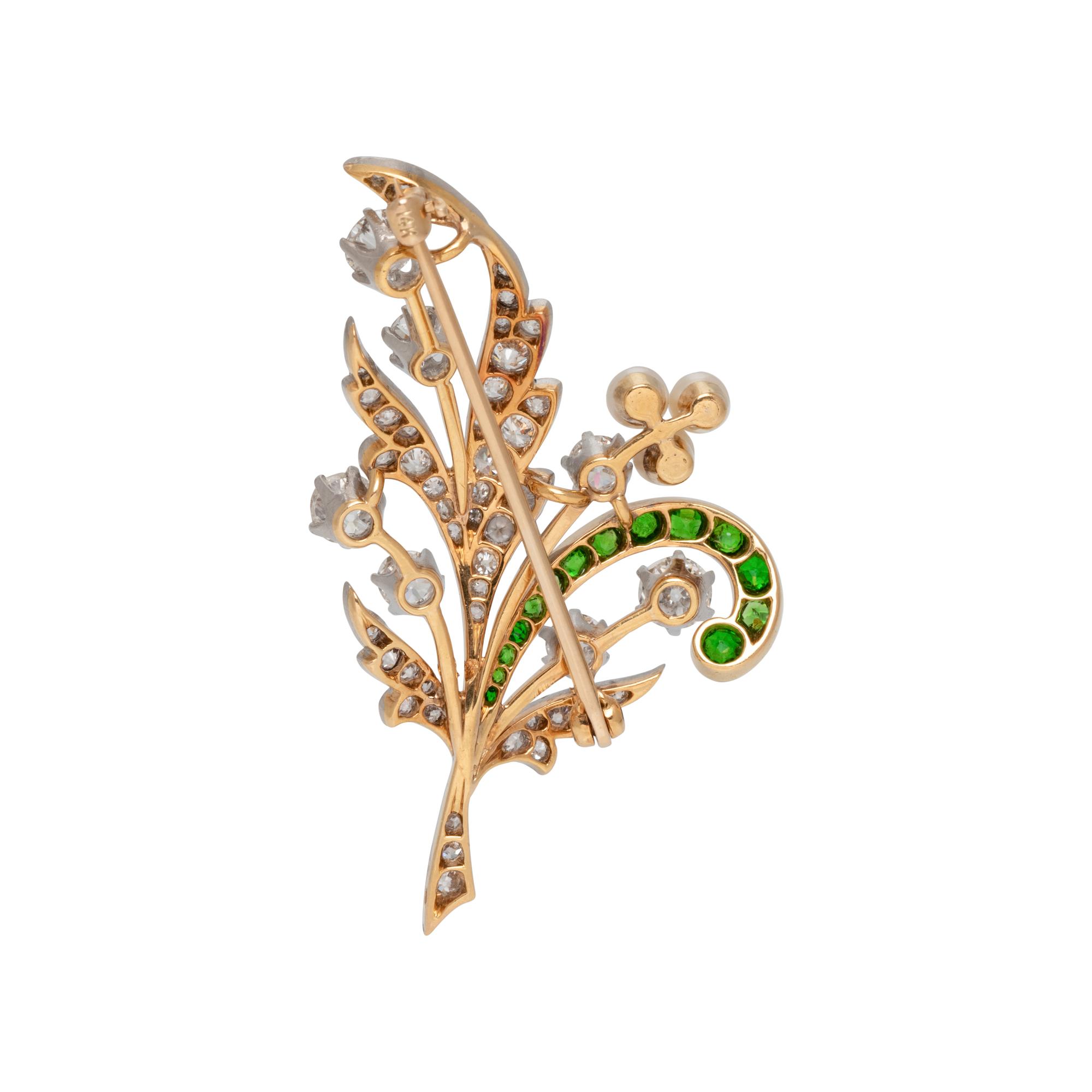 EDWARDIAN, DIAMOND, DEMANTOID GARNET AND PEARL BROOCH