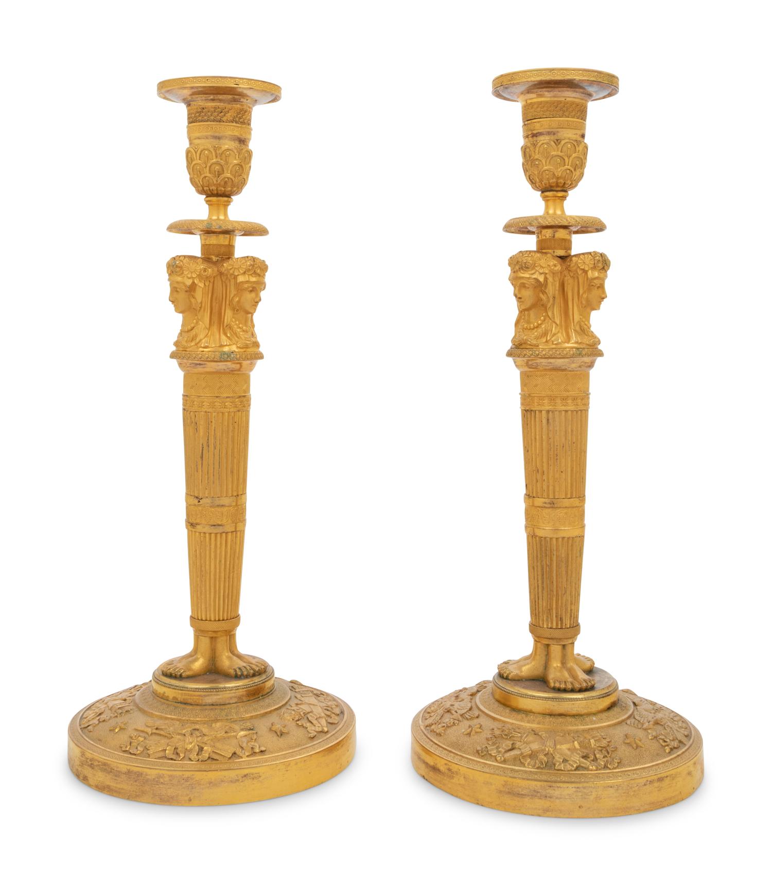A Pair of Empire Gilt Bronze Candlesticks