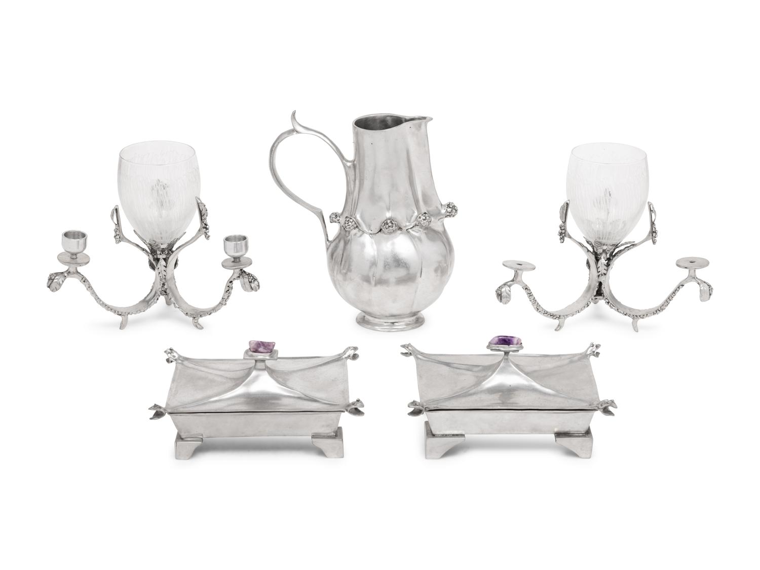 Five Castor Cooper Pewter Table Articles