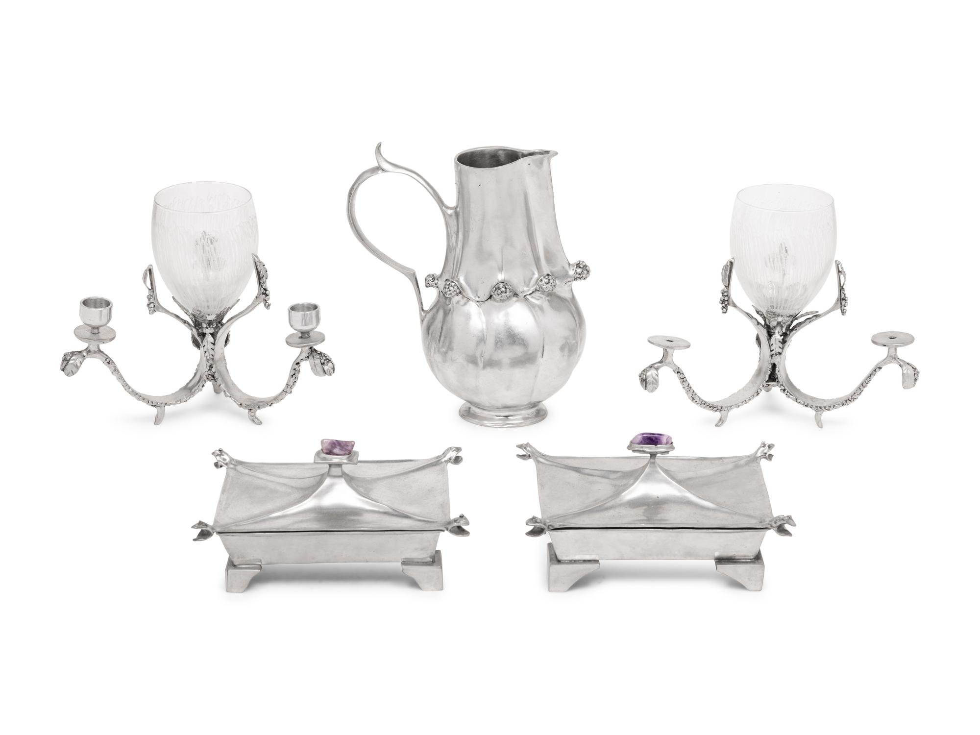 Five Castor Cooper Pewter Table Articles