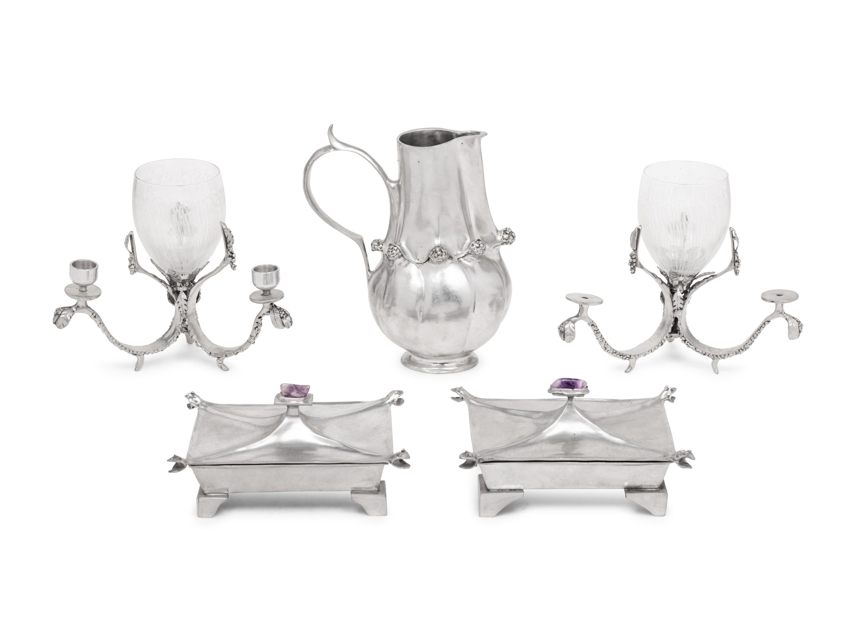 Five Castor Cooper Pewter Table Articles