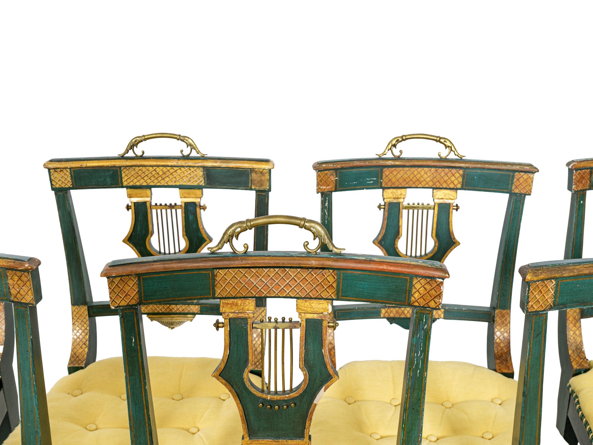 A Set of Eight Continental Green Painted and Parcel Gilt Lyre-Back Dining Chairs