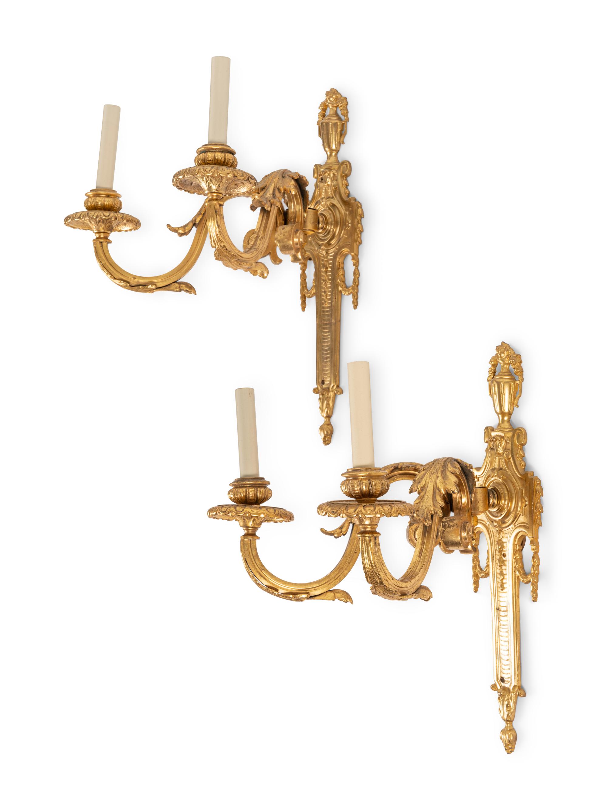 A Pair of Louis XVI Style Gilt Bronze Two-Light Sconces