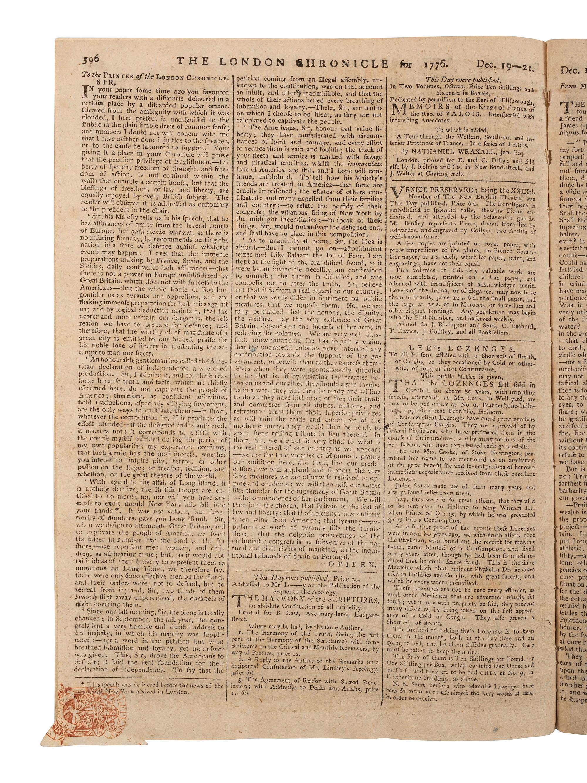 [REV WAR]. London Chronicle . Vol. XL, No. 312. London, England: J. Wilkie, 21 December 1776.