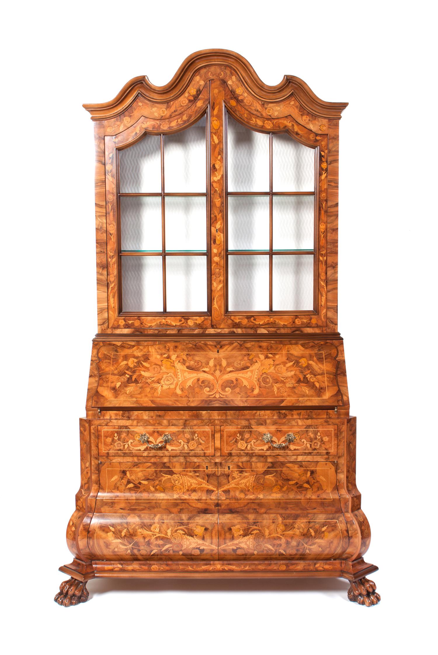 A Contemporary Dutch Marquetry Style Secretaire Book Case Height 92 x width 56 x depth 26 inches. — SECOND HALF 20TH CENTURY
