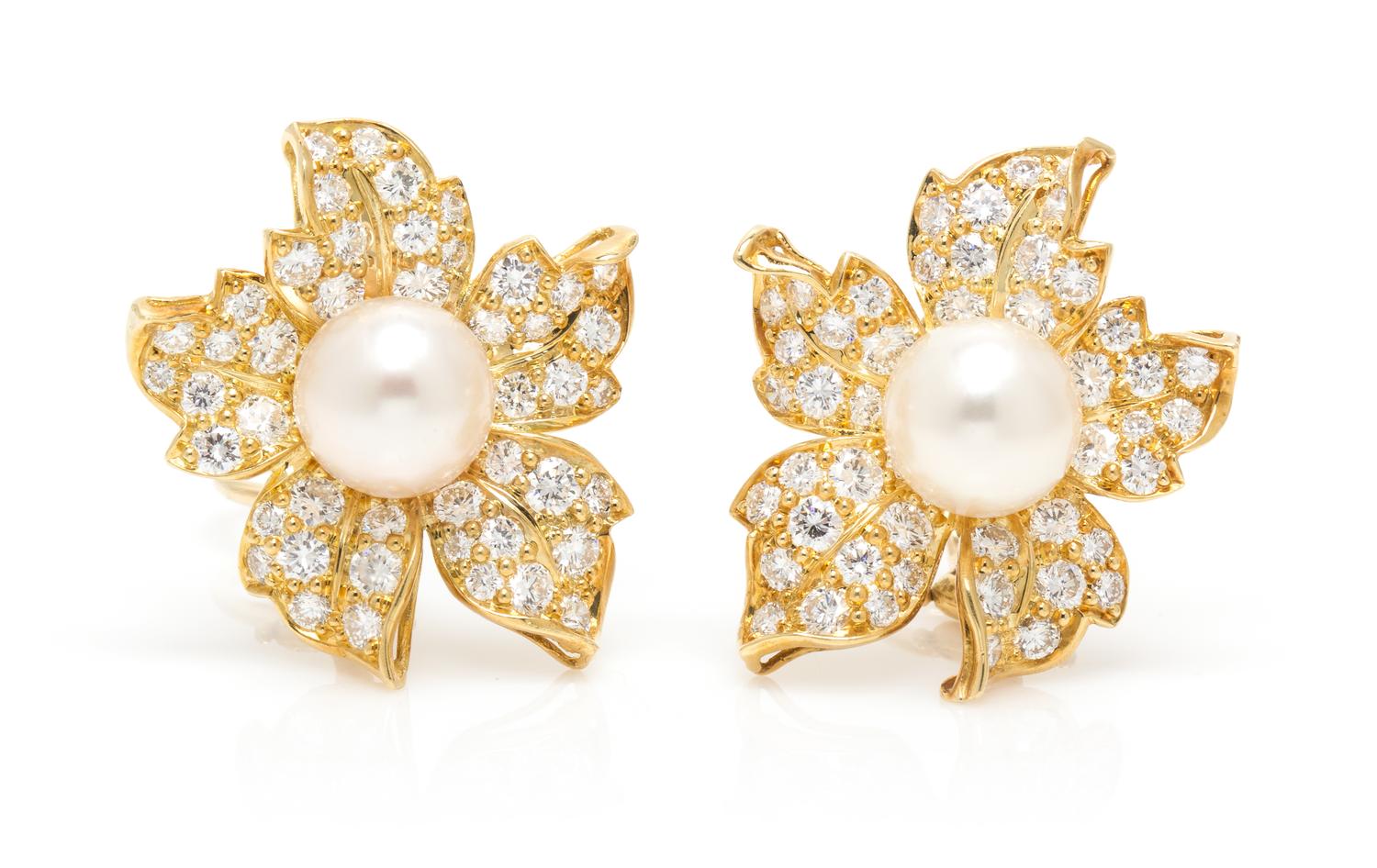 A Pair of 18 Karat Yellow Gold, Cultured Pearl and Diamond Flower Earclips, 11.30 dwts.