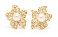 A Pair of 18 Karat Yellow Gold, Cultured Pearl and Diamond Flower Earclips, 11.30 dwts.