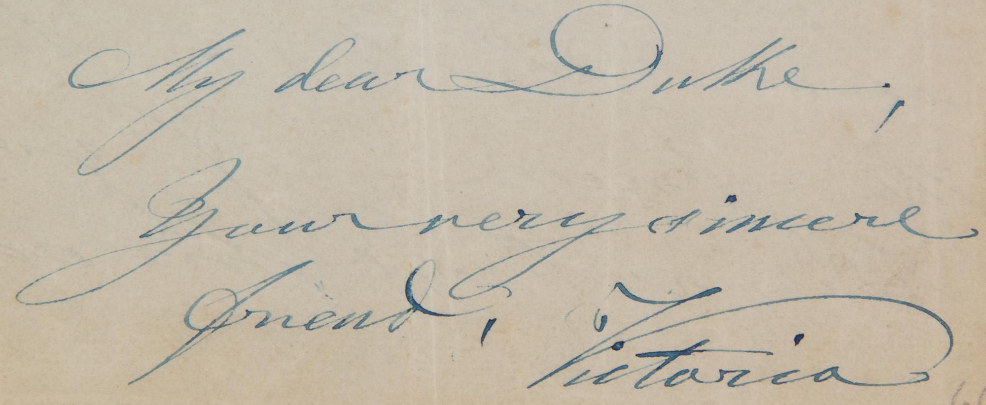 VICTORIA. Autographed letter signed ("Victoria"), one page double-sided, April 29, 1894.