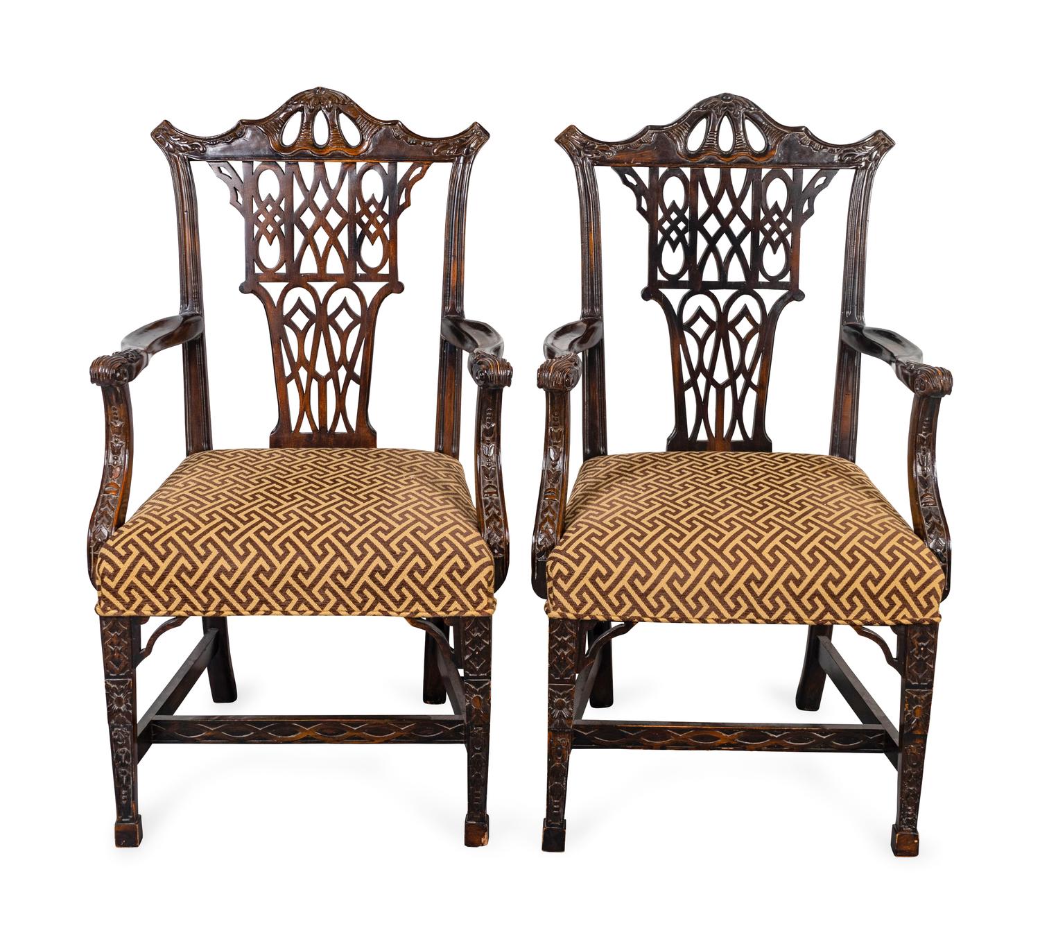 A Pair of Chinese Chippendale Style Mahogany Open Armchairs — 20TH CENTURY