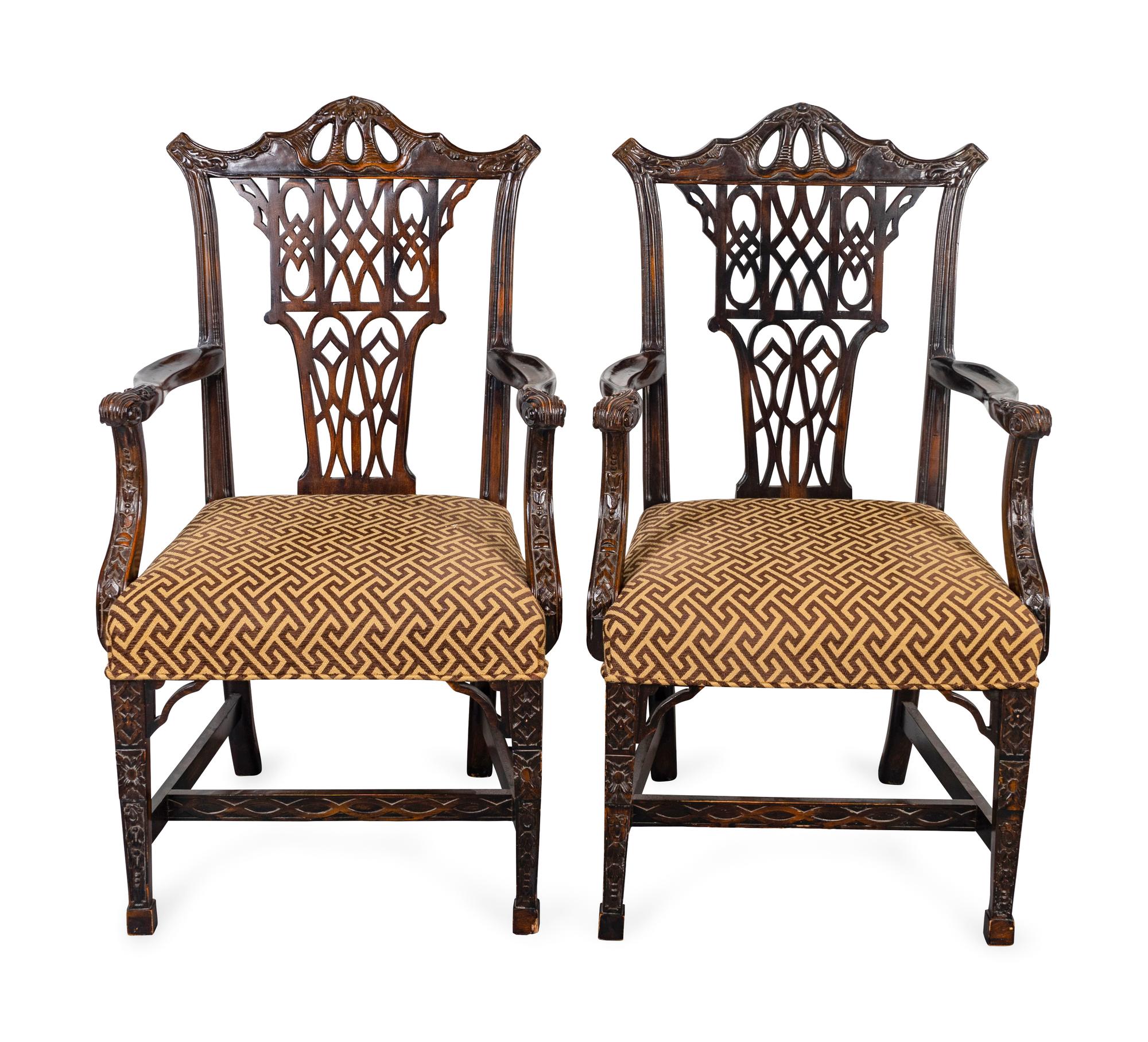 A Pair of Chinese Chippendale Style Mahogany Open Armchairs — 20TH CENTURY