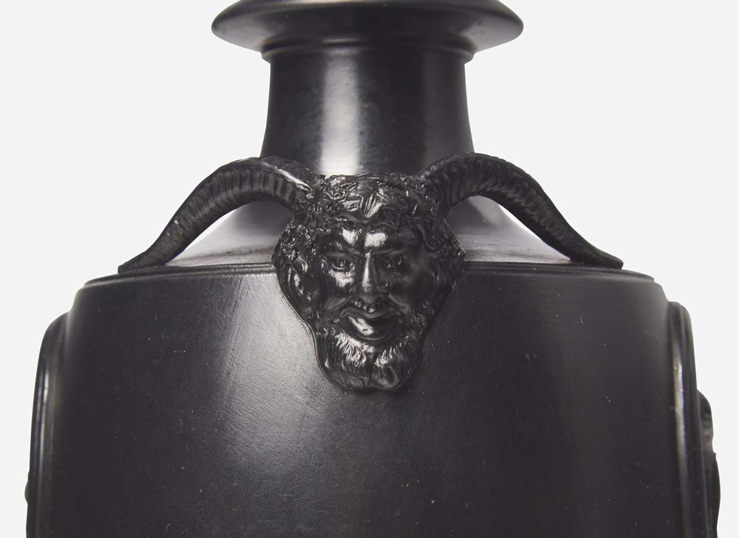 A Wedgwood & Bentley Black Basalt Vase and Cover with Satyr Head Handles, UK, 1770s