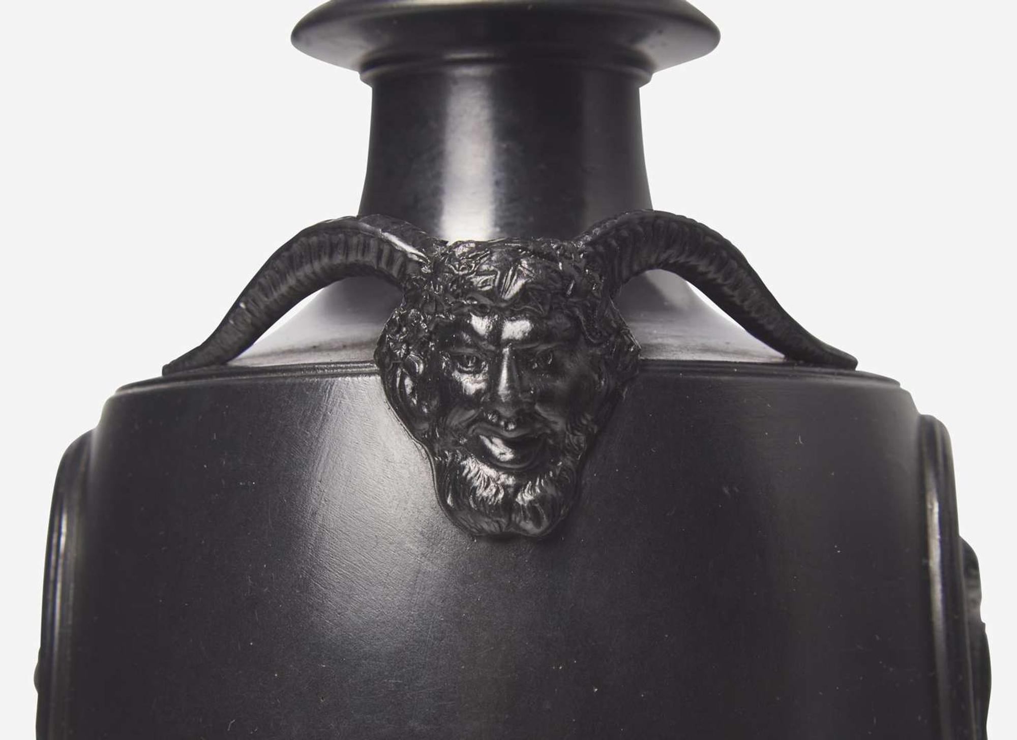 A Wedgwood & Bentley Black Basalt Vase and Cover with Satyr Head Handles, UK, 1770s