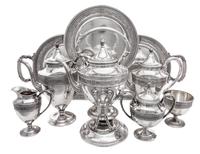 An American Silver Seven-Piece Tea and Coffee Service, International Silver Co., Meriden, CT, Wedgwood pattern, comprising a water kett