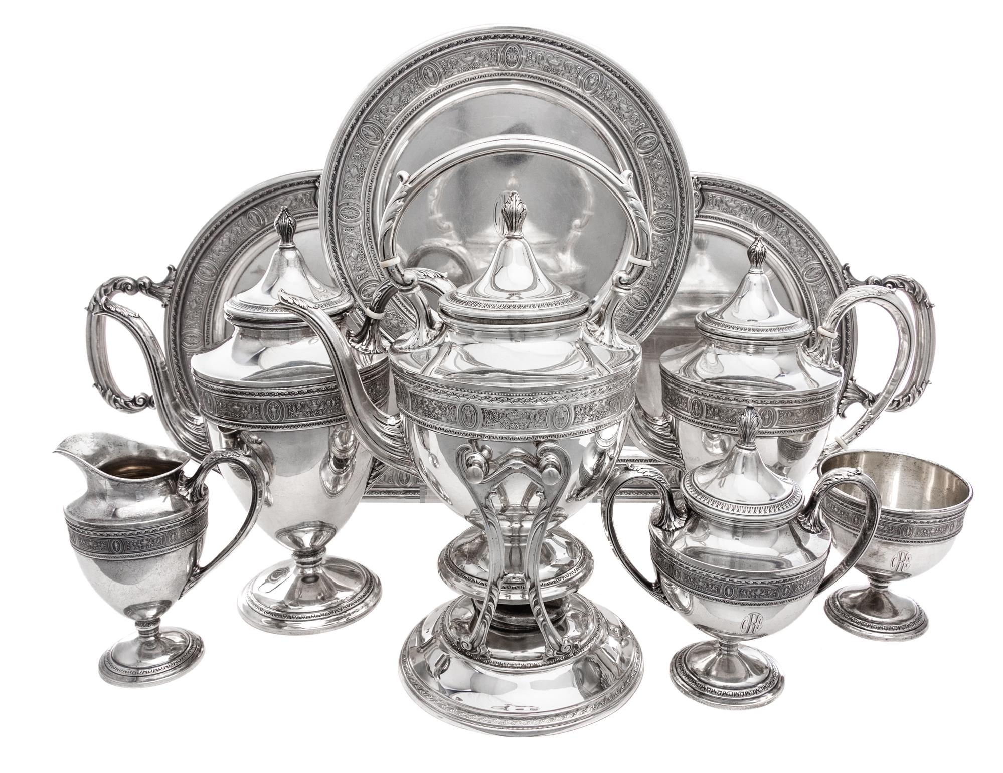 An American Silver Seven-Piece Tea and Coffee Service, International Silver Co., Meriden, CT, Wedgwood pattern, comprising a water kett