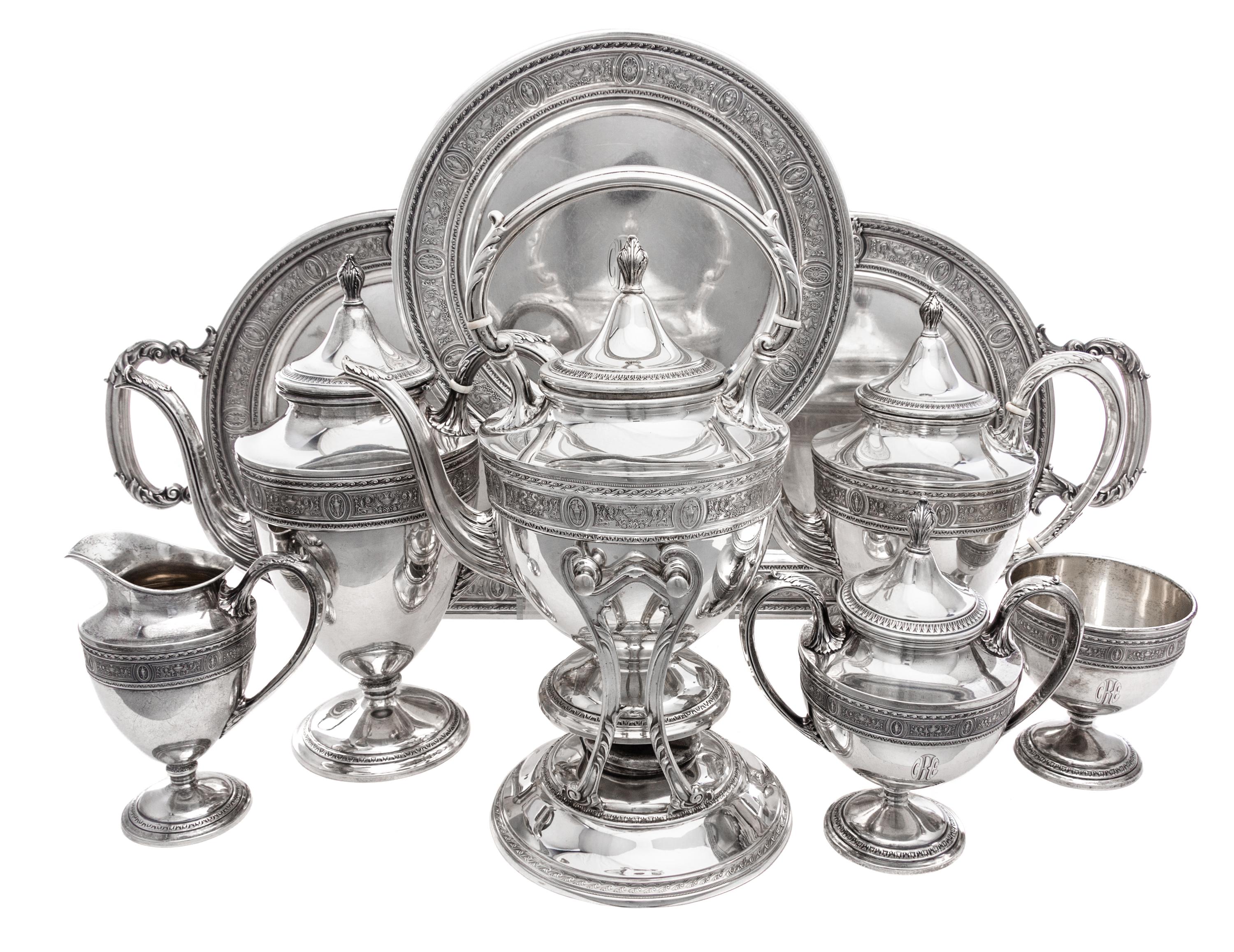 An American Silver Seven-Piece Tea and Coffee Service, International Silver Co., Meriden, CT, Wedgwood pattern, comprising a water kett