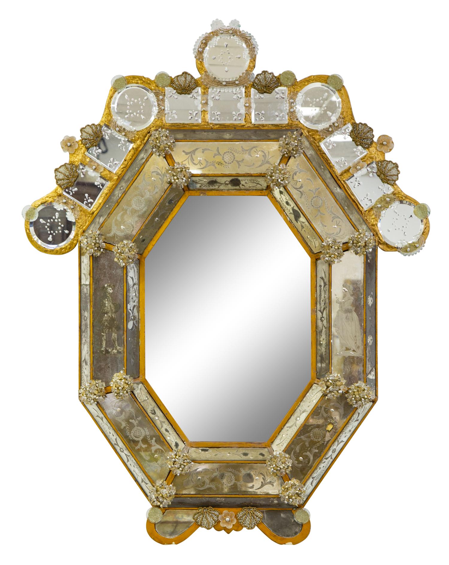 A Venetian Etched Glass Mirror with Beaded Embellishments