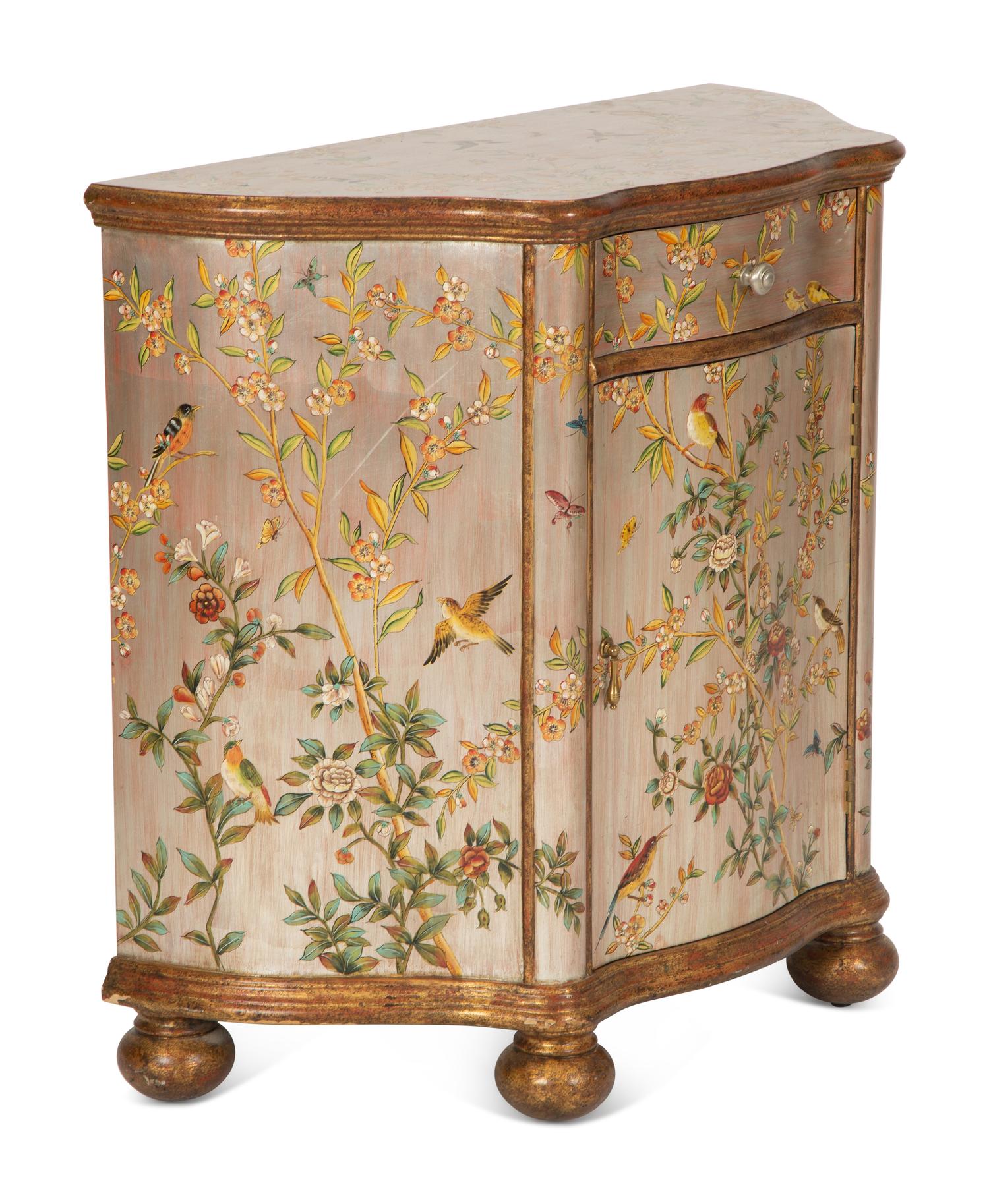 A Silvered and Chinoiserie Decorated Serpentine Console Cabinet