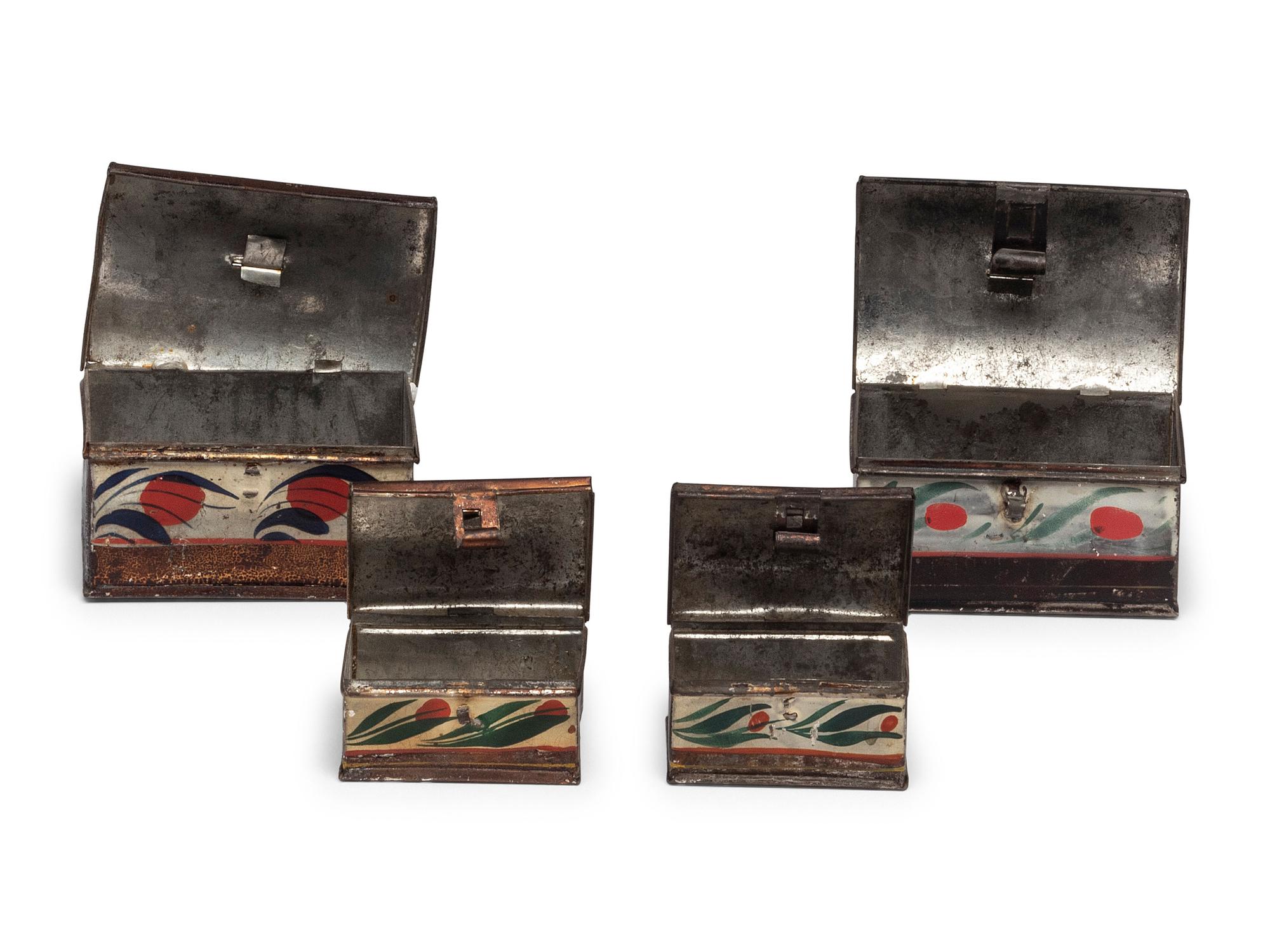 Four Miniature Polychrome Painted Tole Boxes