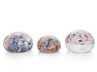 Three End-of-Day Scrambled Cane Glass Paperweights