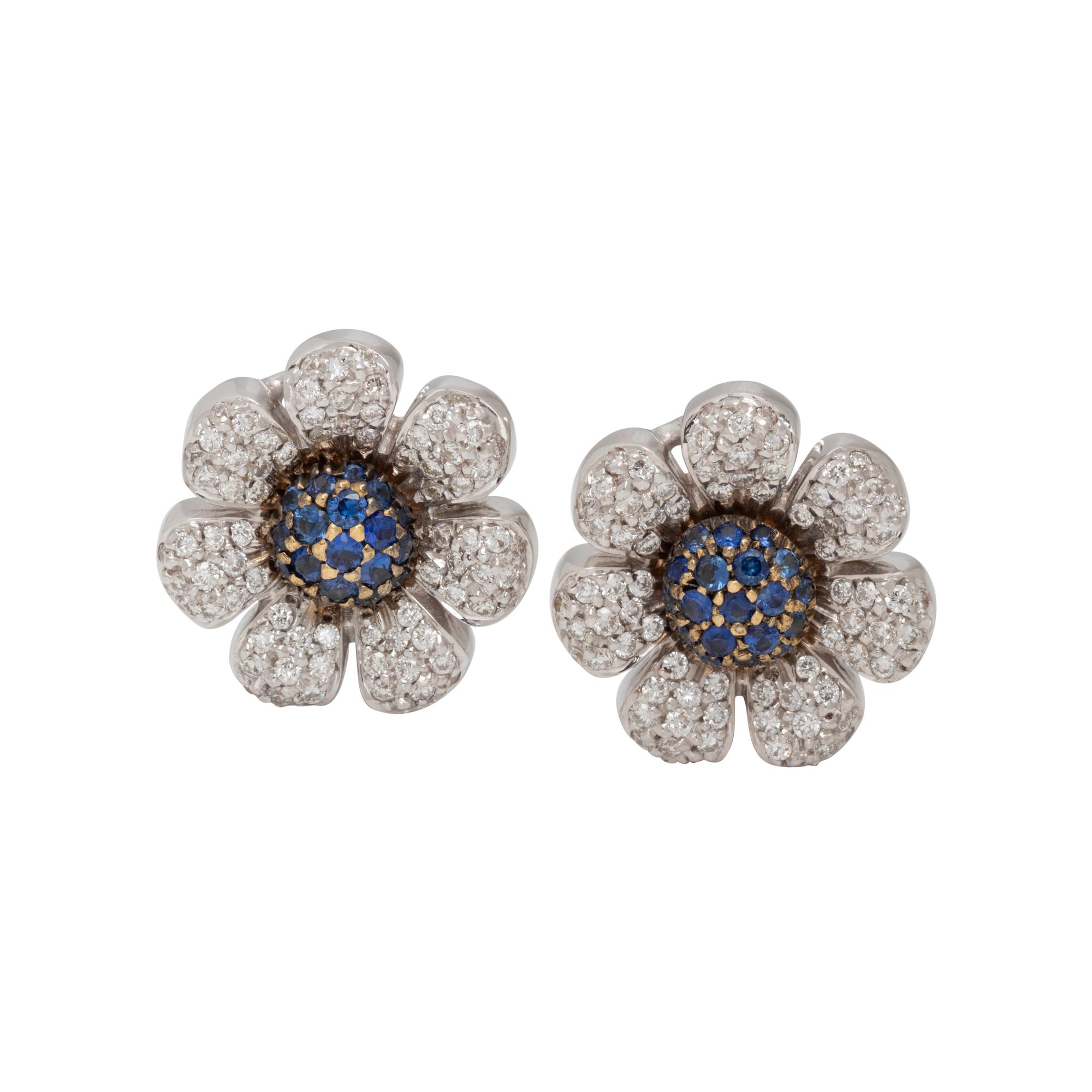SAPPHIRE AND DIAMOND FLOWER EARCLIPS
