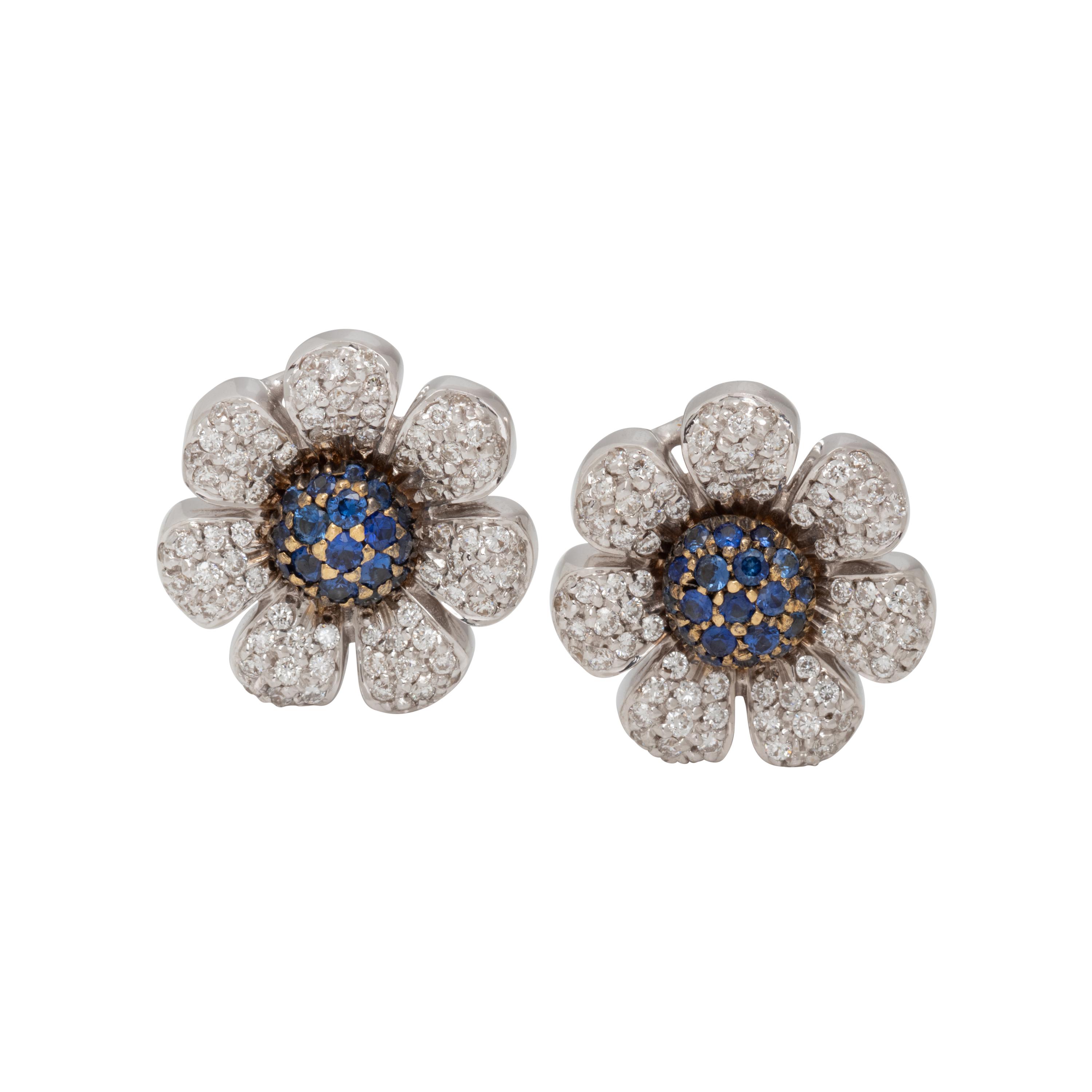 SAPPHIRE AND DIAMOND FLOWER EARCLIPS