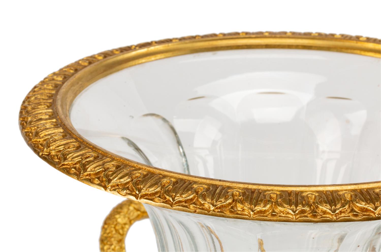 A Pair of Gilt Metal Mounted Cut Glass and Malachite Urns