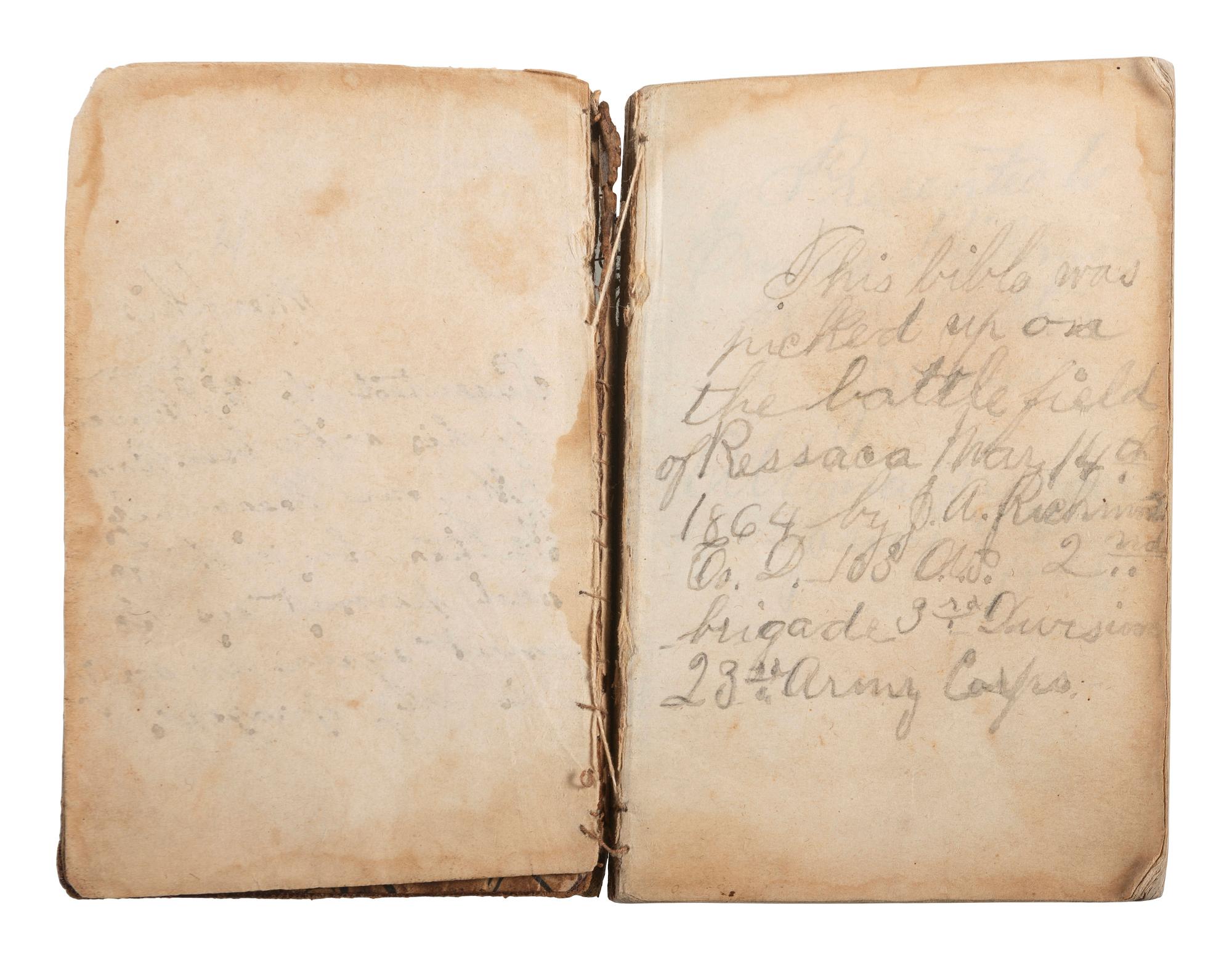 [CIVIL WAR]. Bible identified to CSA Private W.J. Bruce, 7th TN Infantry, found at the Battle of Resaca by Union Private J.A. Richmond, 103rd OH Infantry.