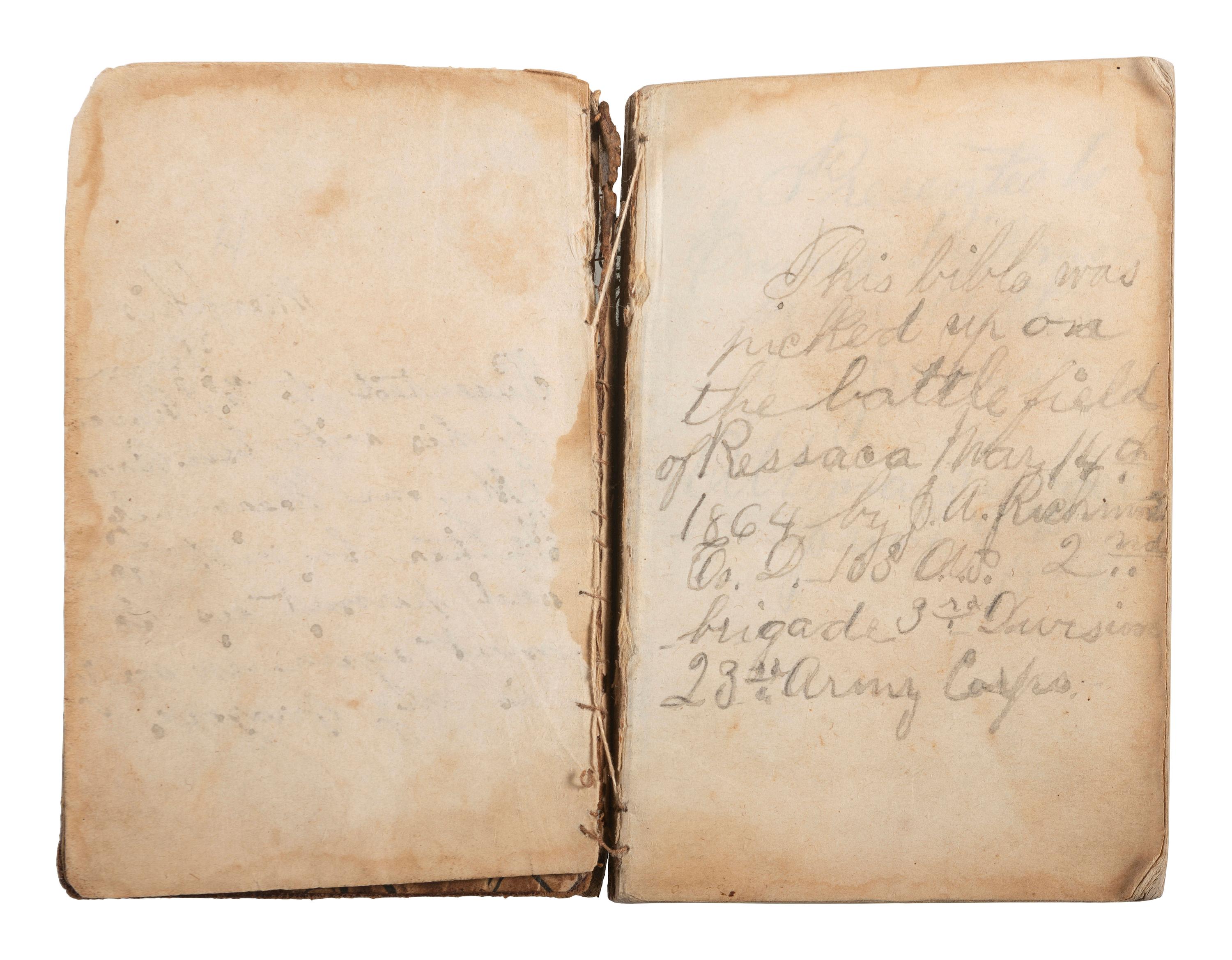 [CIVIL WAR]. Bible identified to CSA Private W.J. Bruce, 7th TN Infantry, found at the Battle of Resaca by Union Private J.A. Richmond, 103rd OH Infantry.