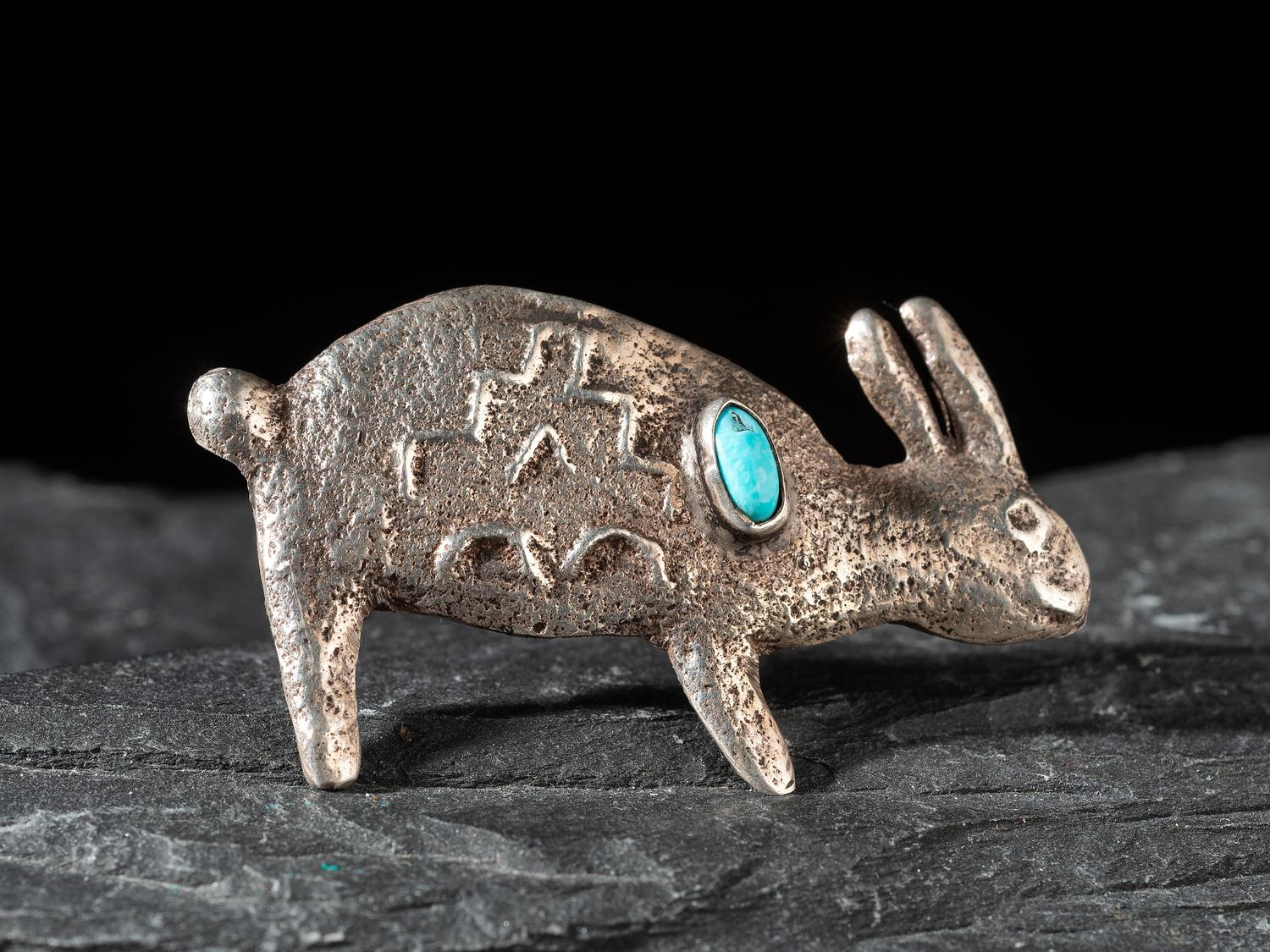 Tufa Cast Silver and Turquoise Rabbit Pin / Brooch