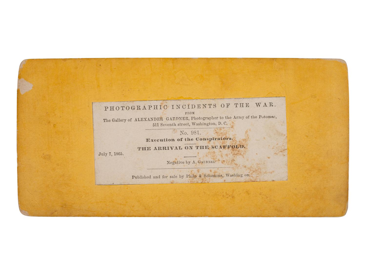 [LINCOLN ASSASSINATION]. GARDNER, Alexander (1821-1882), photographer. Pair of stereoviews of the Execution of the Conspirators. Washington: Philp & Solomons, ca 1865.
