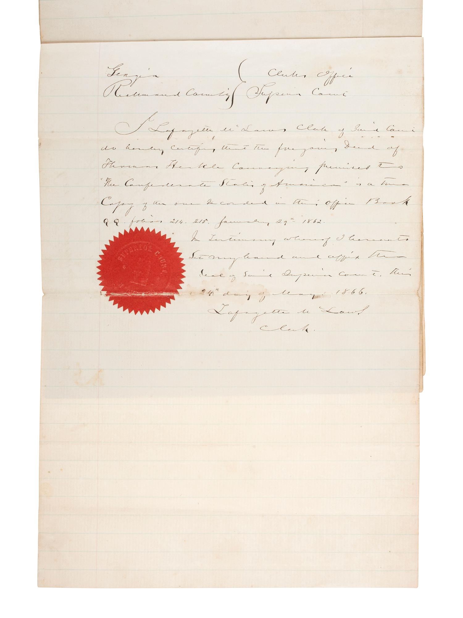 [CIVIL WAR]. Two documents recording the sale of land in Georgia to the Confederate States of America.
