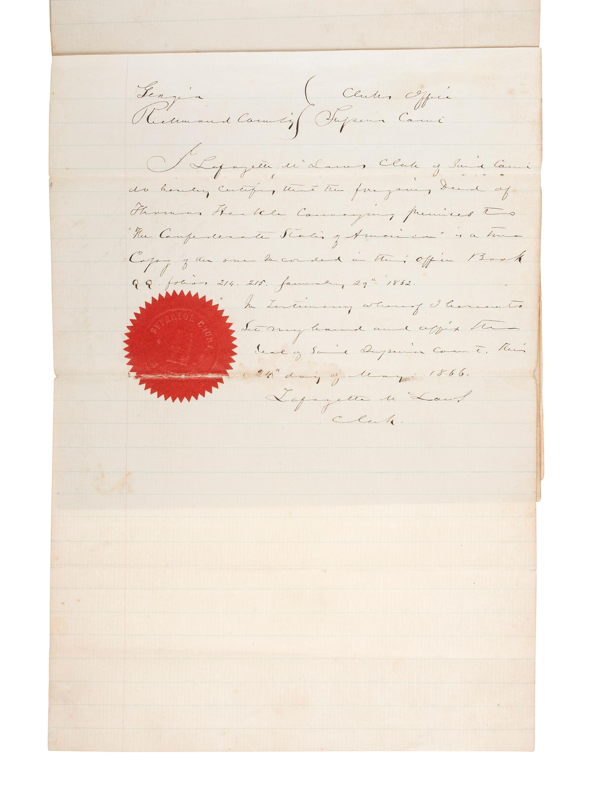 [CIVIL WAR]. Two documents recording the sale of land in Georgia to the Confederate States of America.