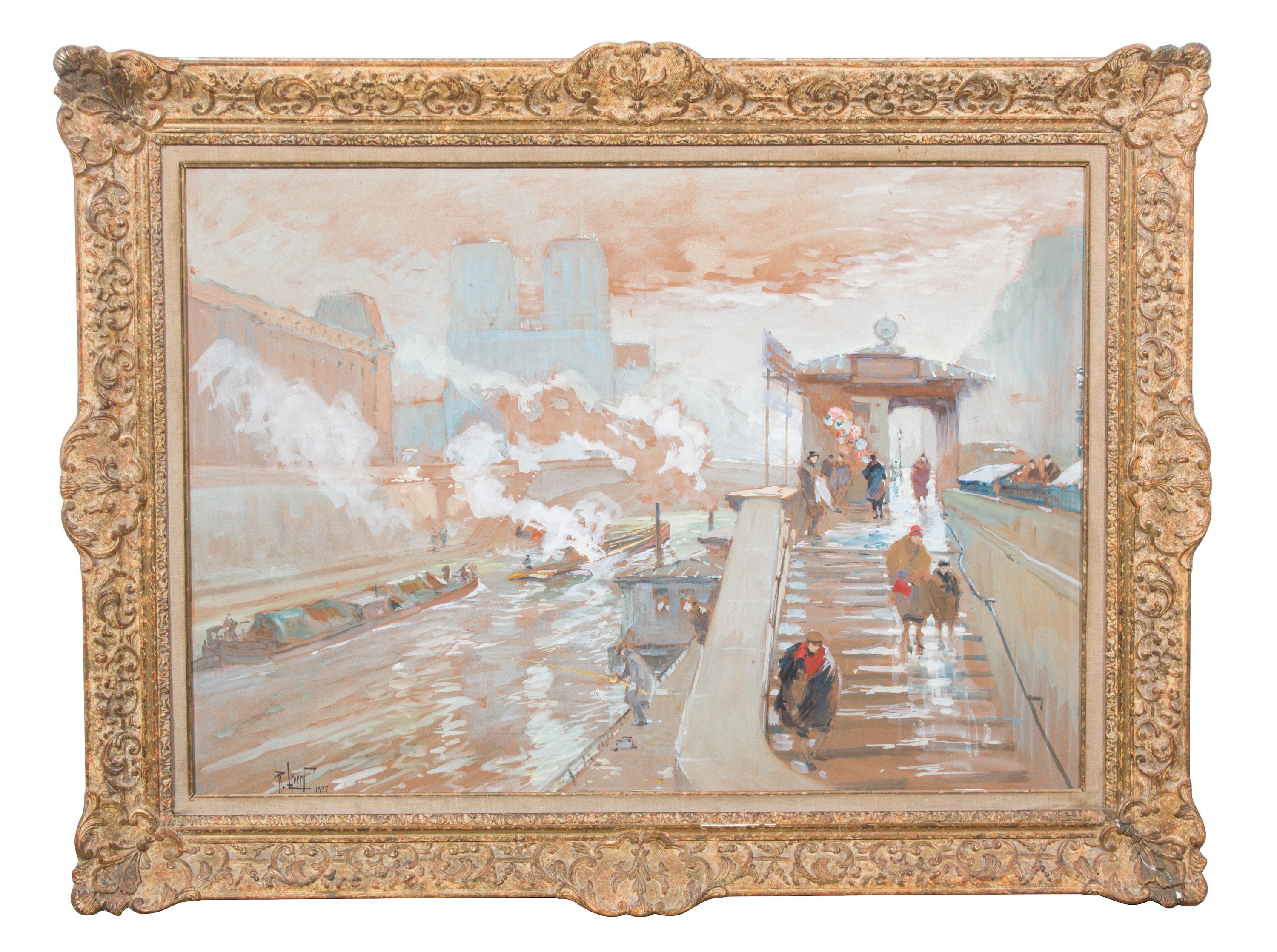 Rene Leverd, (French, 1872-1938), View Along the Seine with Notre Dame, 1927