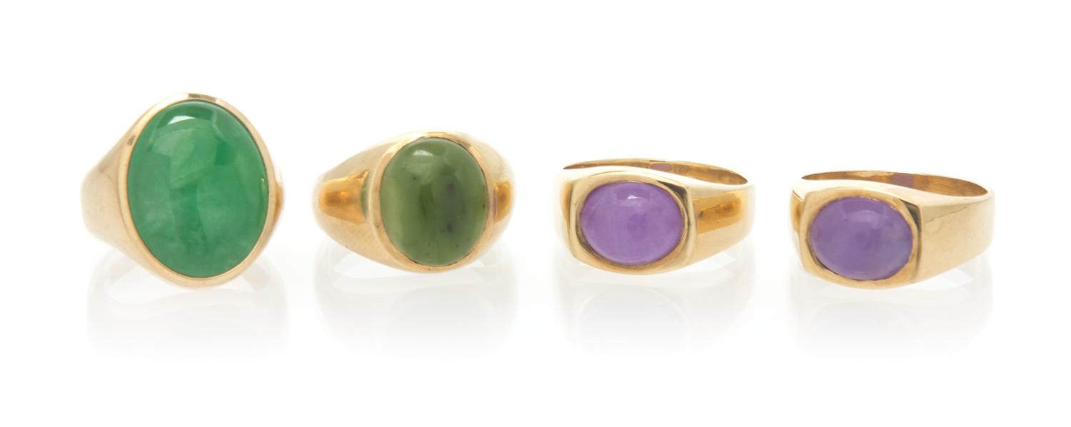 A Collection of Yellow Gold, Jadeite Jade and Nephrite Rings, 26.40 dwts.