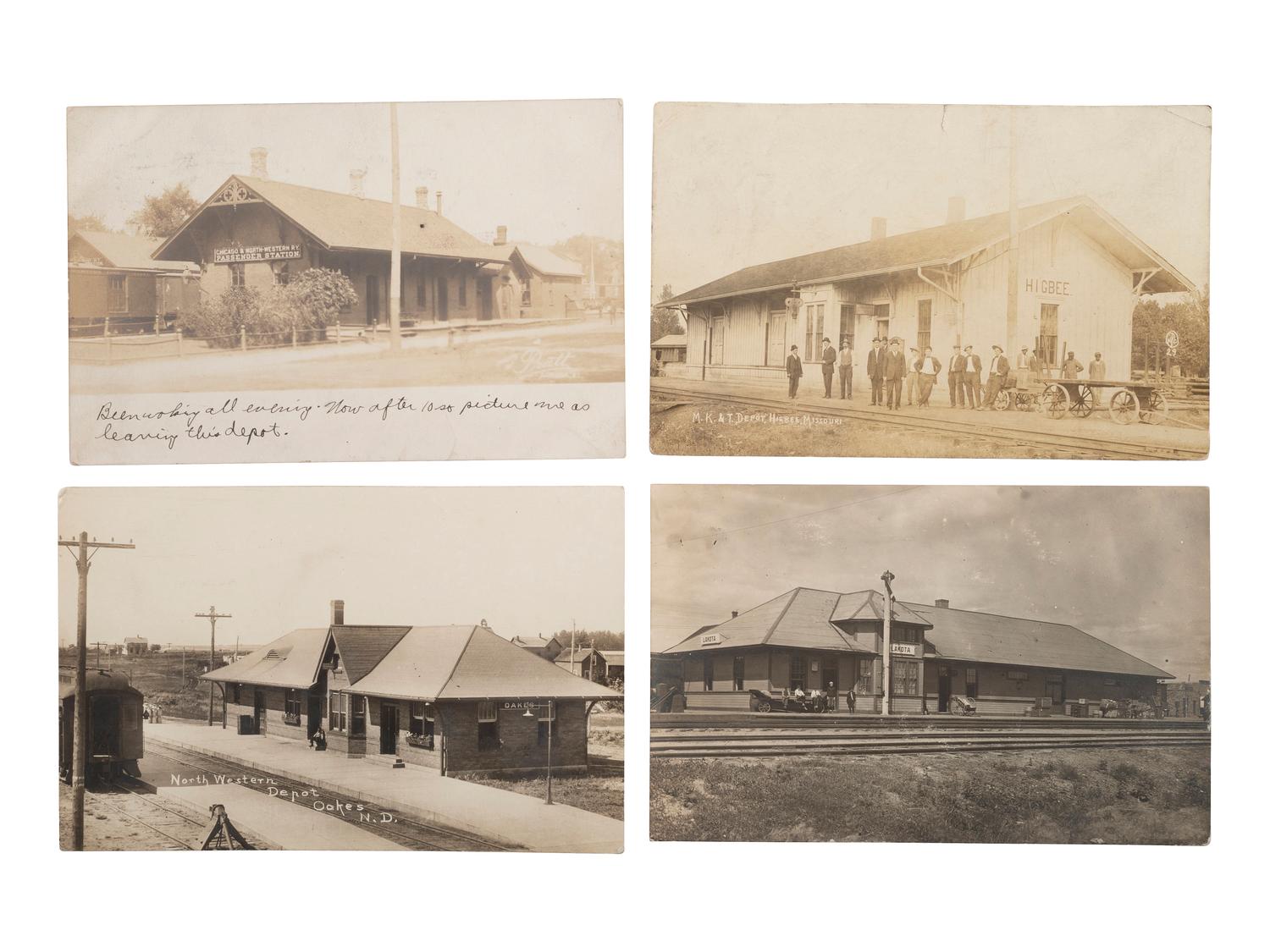 [RAILROADS]. Over 120 RPPCs & photographs of railroad stations, train depots, and roundhouses.
