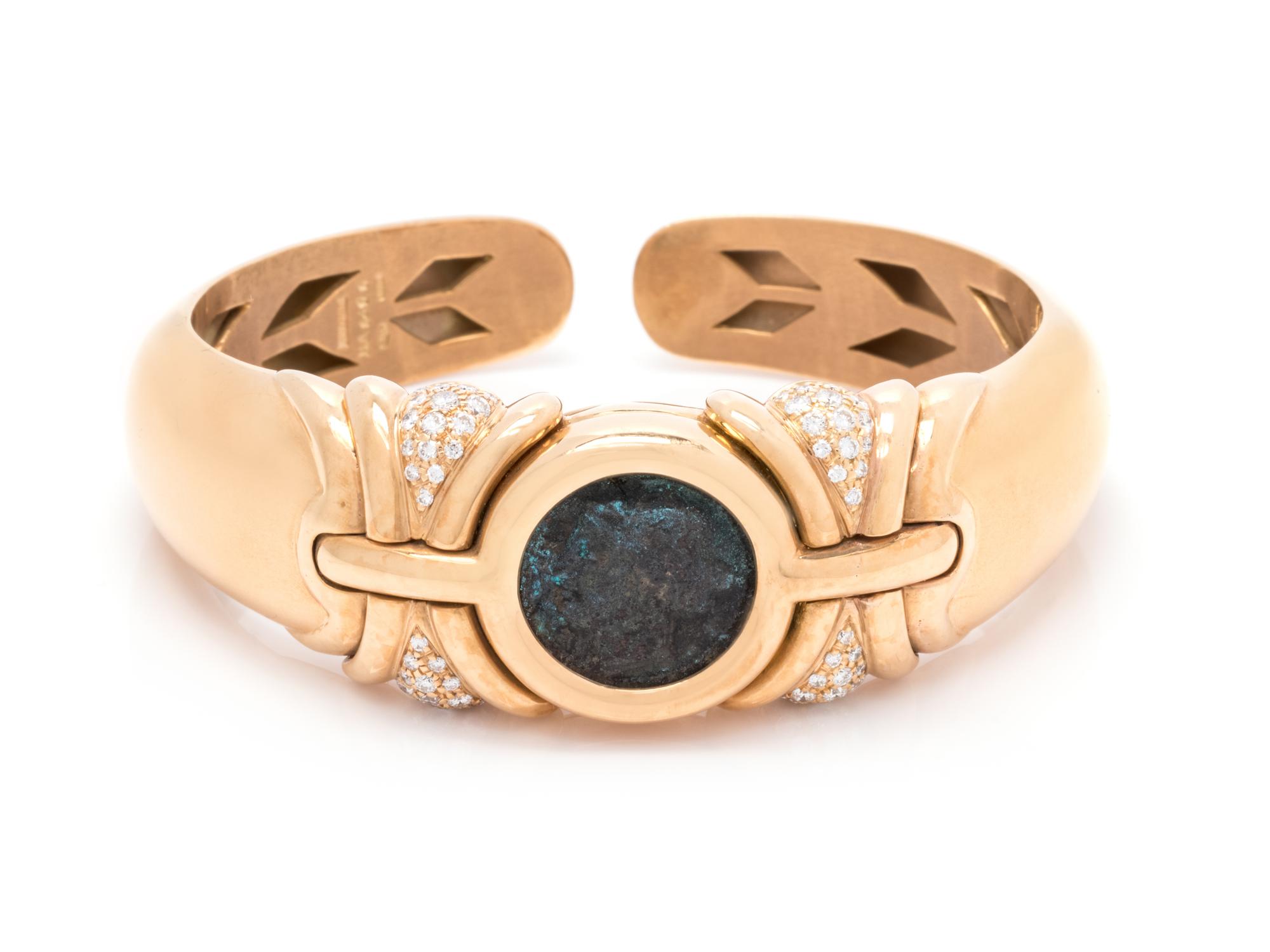 BVLGARI, YELLOW GOLD, ANCIENT COIN AND DIAMOND CUFF BRACELET