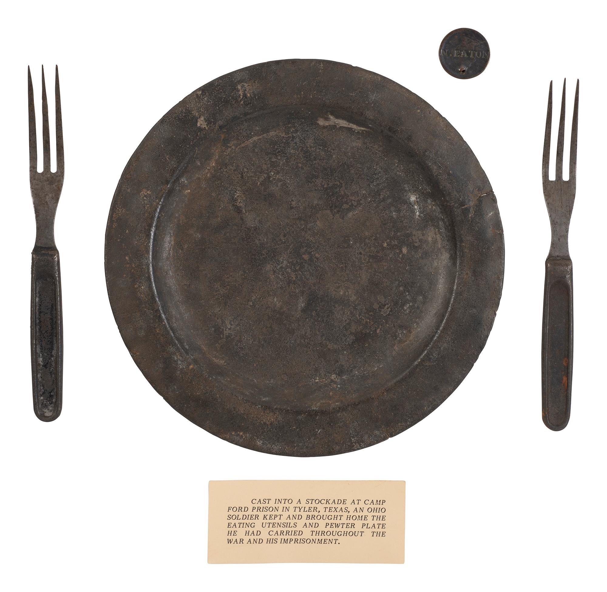 [CIVIL WAR]. Ohio POW's utensils & plate "cast into a stockade at Camp Ford Prison in Tyler Texas."