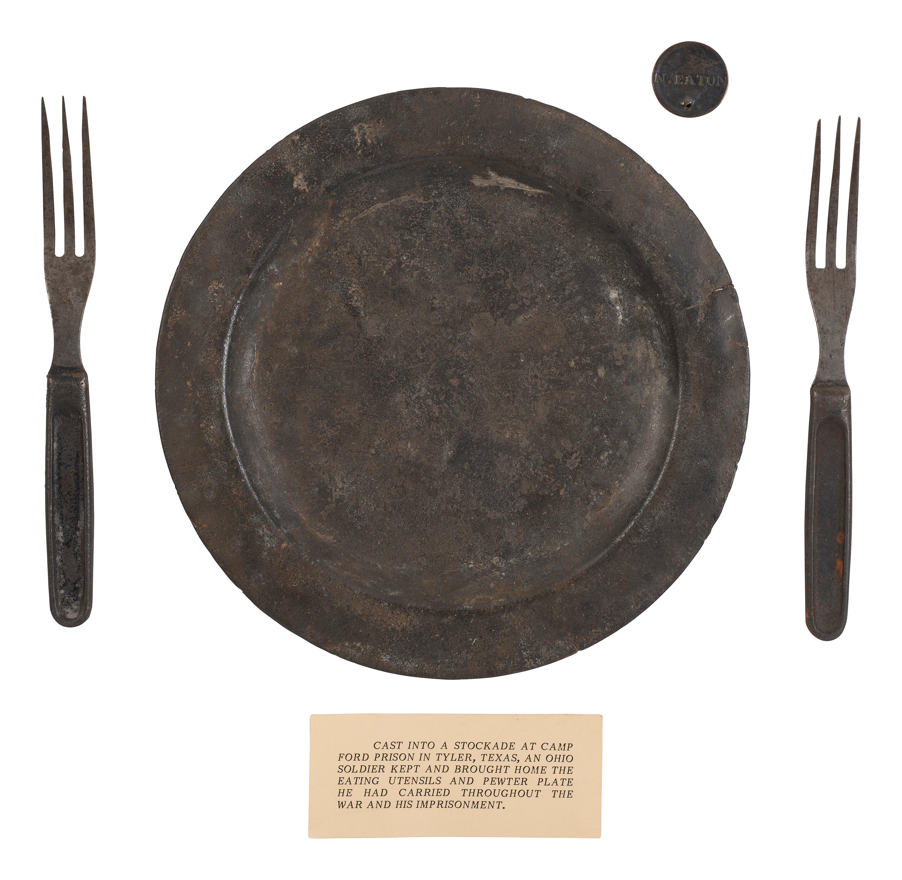 [CIVIL WAR]. Ohio POW's utensils & plate "cast into a stockade at Camp Ford Prison in Tyler Texas."