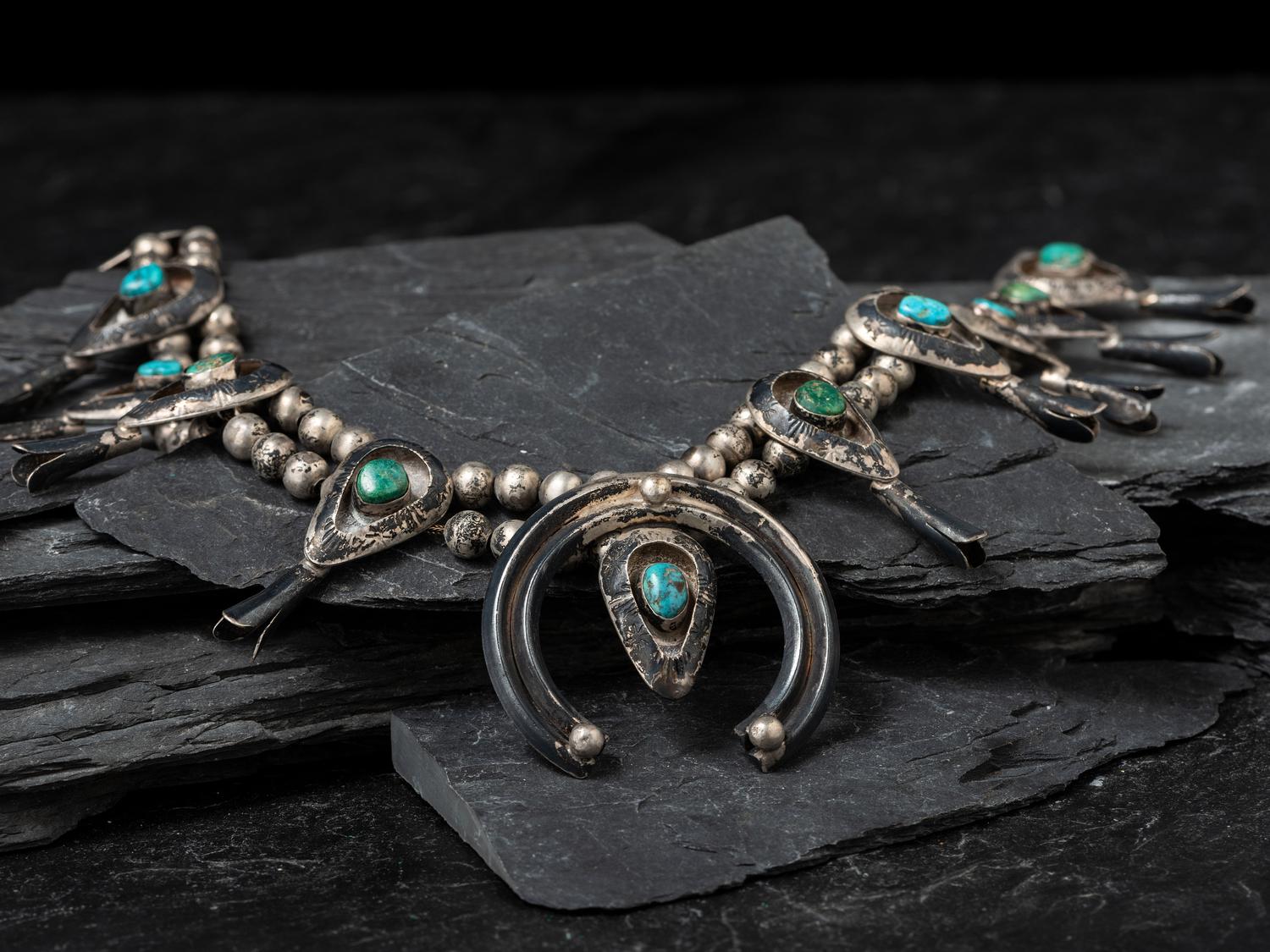 Navajo Silver and Turquoise Squash Blossom Necklace