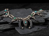 Navajo Silver and Turquoise Squash Blossom Necklace
