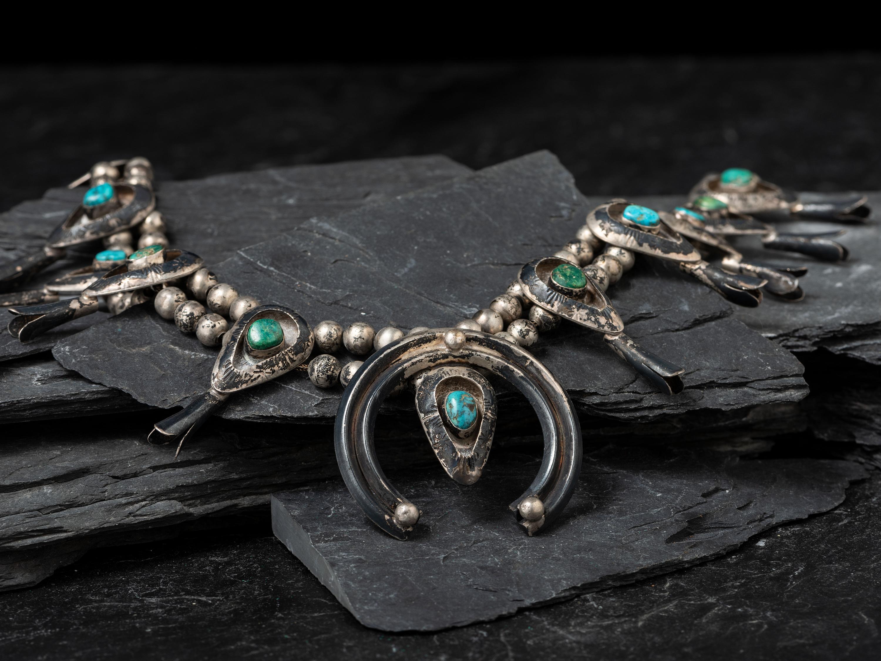 Navajo Silver and Turquoise Squash Blossom Necklace