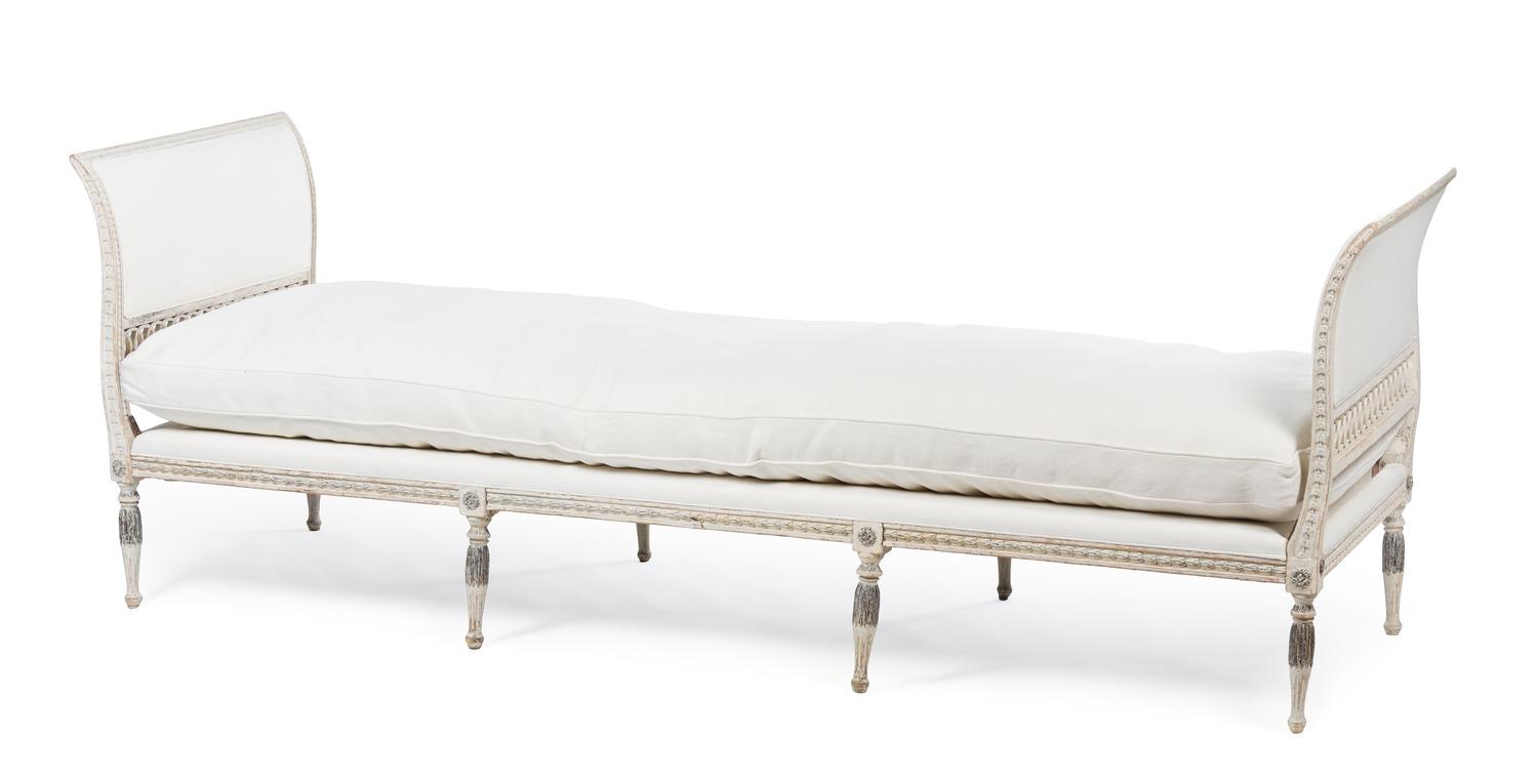 A Gustavian Painted Bench Height 34 1/4 x width 98 1/2 x depth 29 inches. — EARLY 19TH CENTURY