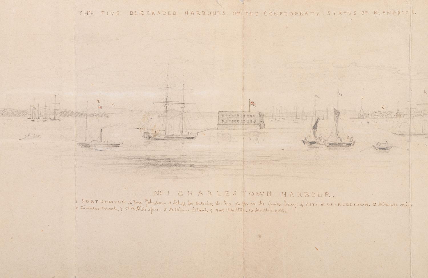 [CIVIL WAR]. Hand-drawn sketch of the blockaded Charleston Harbor during the Civil War, with inscribed key.