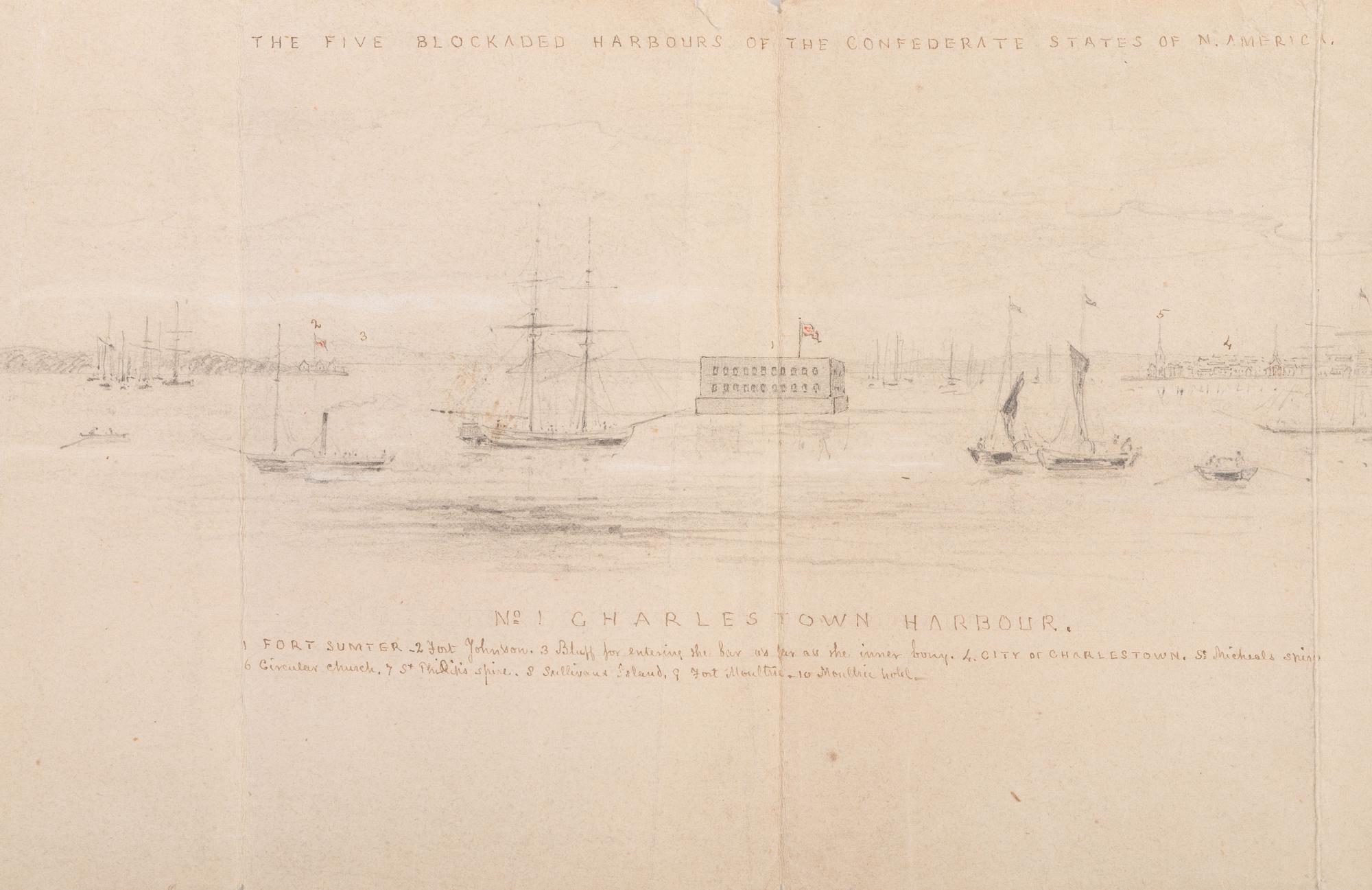 [CIVIL WAR]. Hand-drawn sketch of the blockaded Charleston Harbor during the Civil War, with inscribed key.